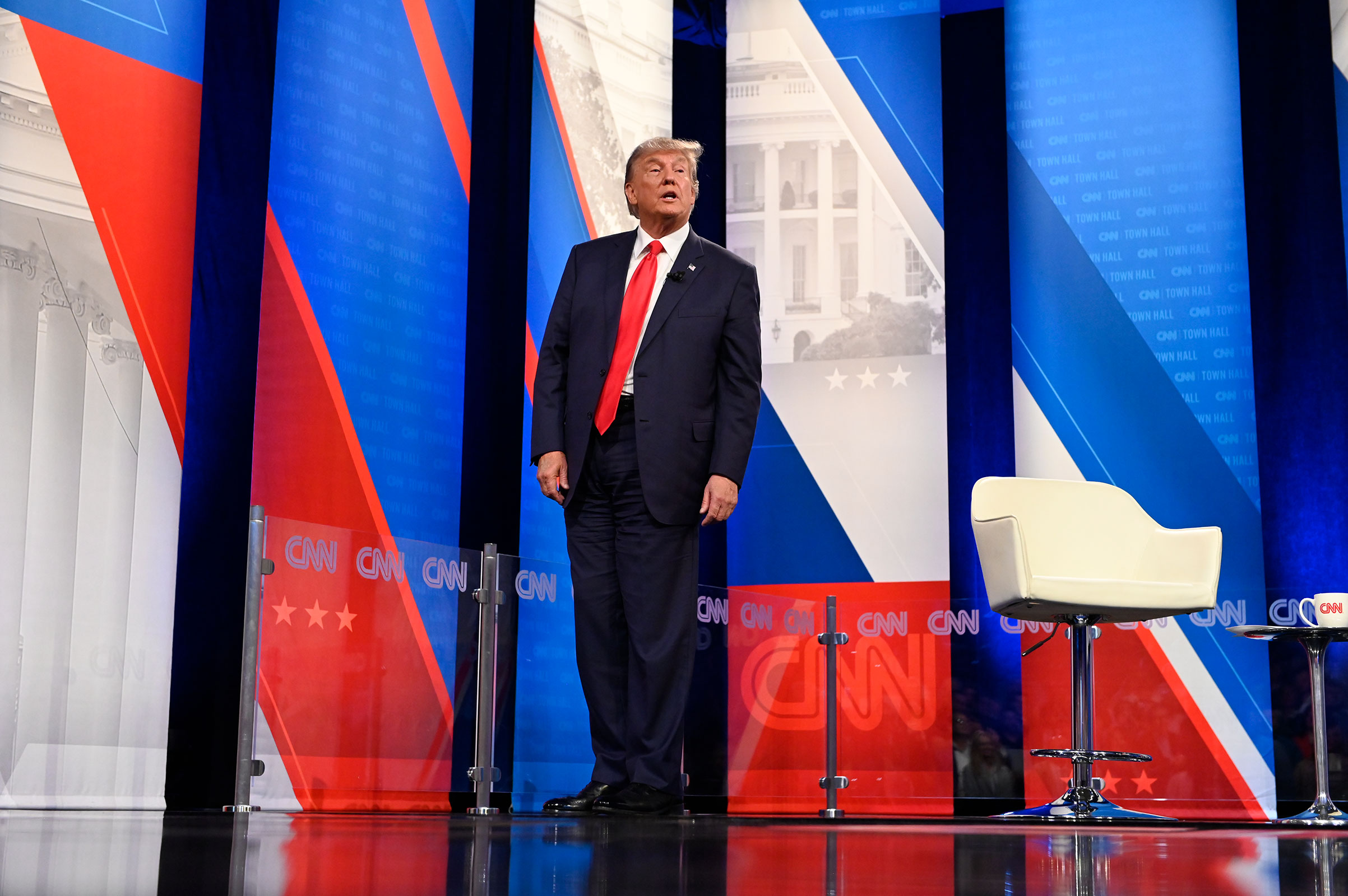 Former President Donald Trump participates in a CNN Republican Town Hall moderated by CNN’s Kaitlan Collins at St. Anselm College in Manchester, New Hampshire, on Wednesday, May 10, 2023.