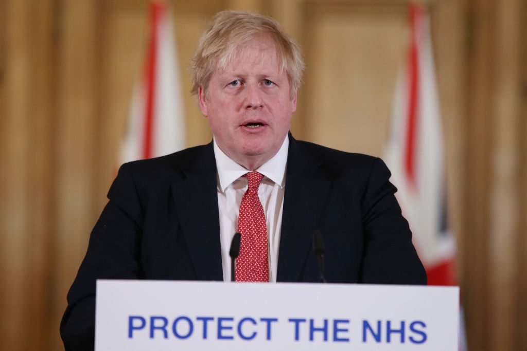 British Prime Minister Boris Johnson gives his daily COVID 19 press briefing at Downing Street on March 22, London, England.