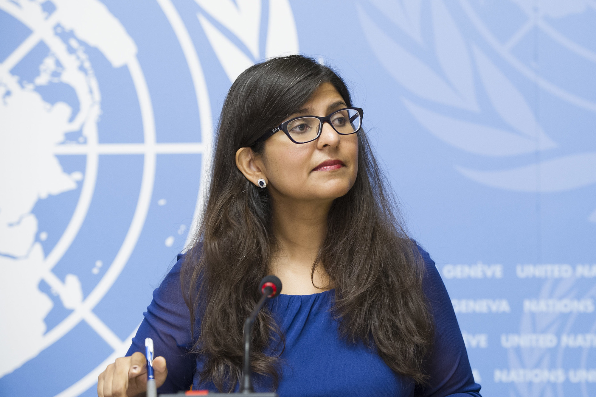 Ravina Shamdasani speaks at the Palais des Nations in Geneva, Switzerland, on September 7, 2018. 
