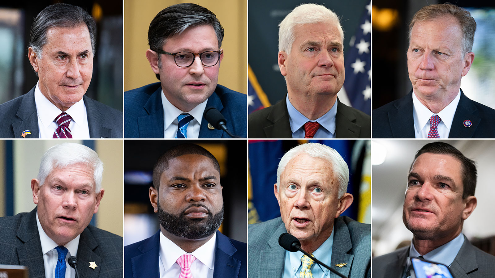 Top row, from left: Republican representatives Gary Palmer, Mike Johnson, Tom Emmer, and Kevin Hern. Bottom row, from left: Pete Sessions, Byron Donalds, Jack Bergman and Austin Scott.
