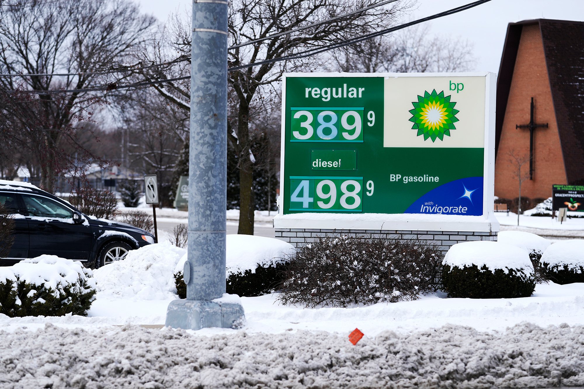 Gas prices are displayed at a BP gas station in Mount Prospect, Illinois on Sunday, January 29.