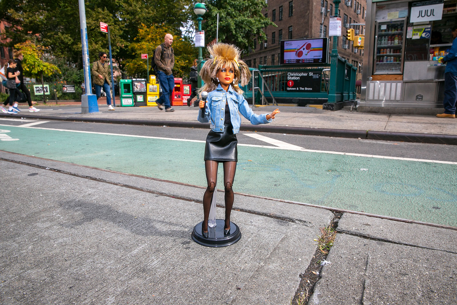 A Barbie doll in the likeness of musician Tina Turner is in front of the Christopher Street Station in Manhattan on October 17, 2022. 