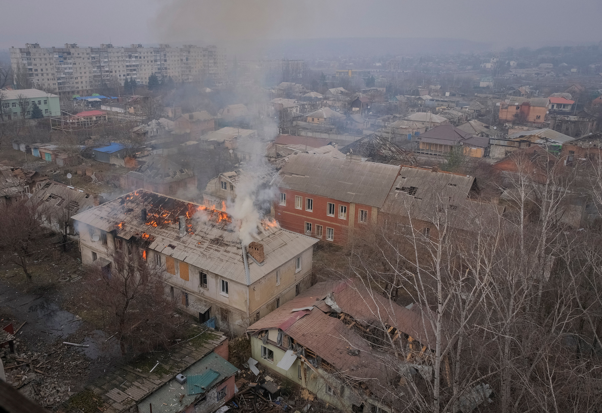 Buildings are seen damaged by a Russian military strike in the frontline city of Bakhmut on Monday.