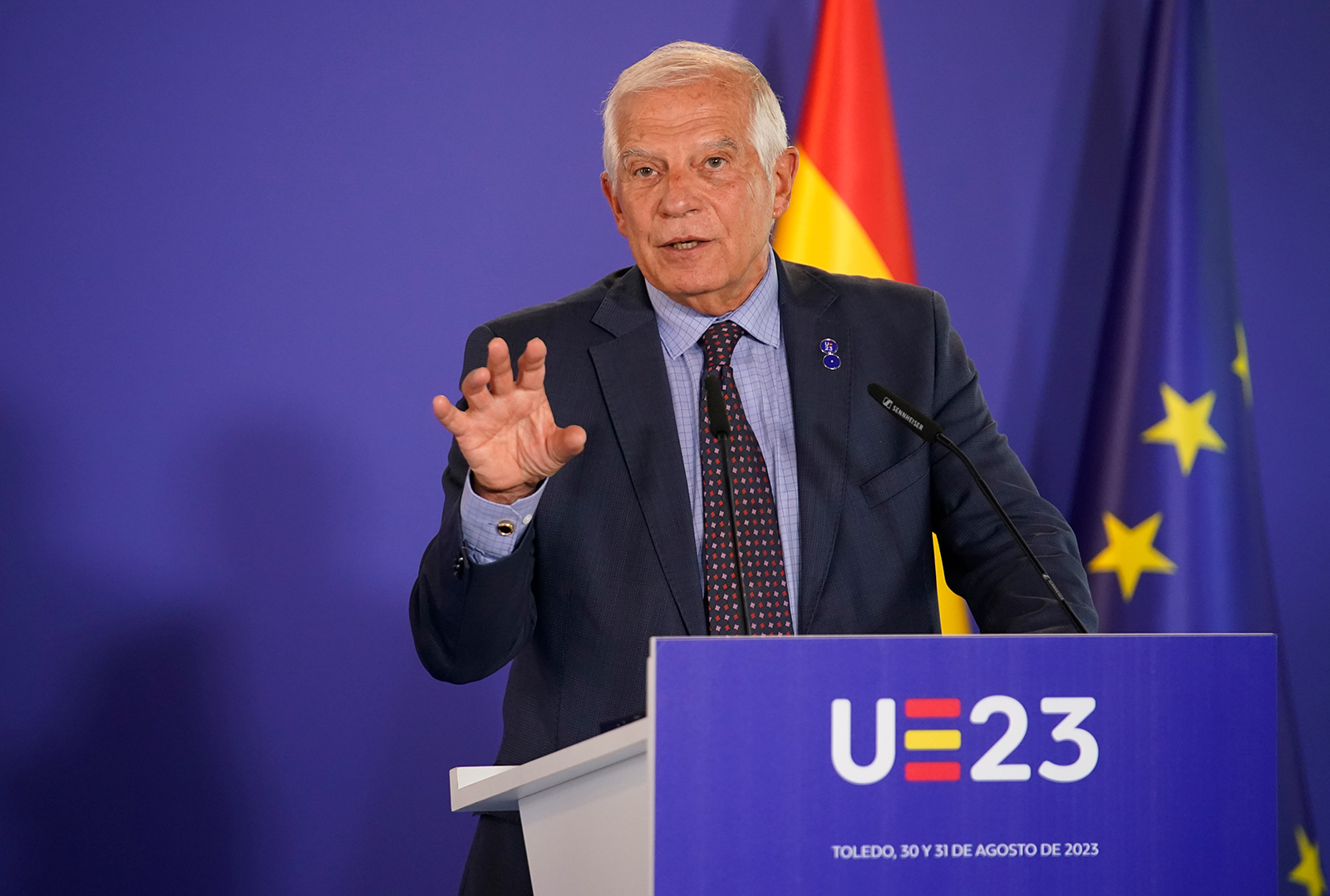 Josep Borrell speaks during a conference at the EU foreign ministers meeting in Toledo, Spain, on August 31.
