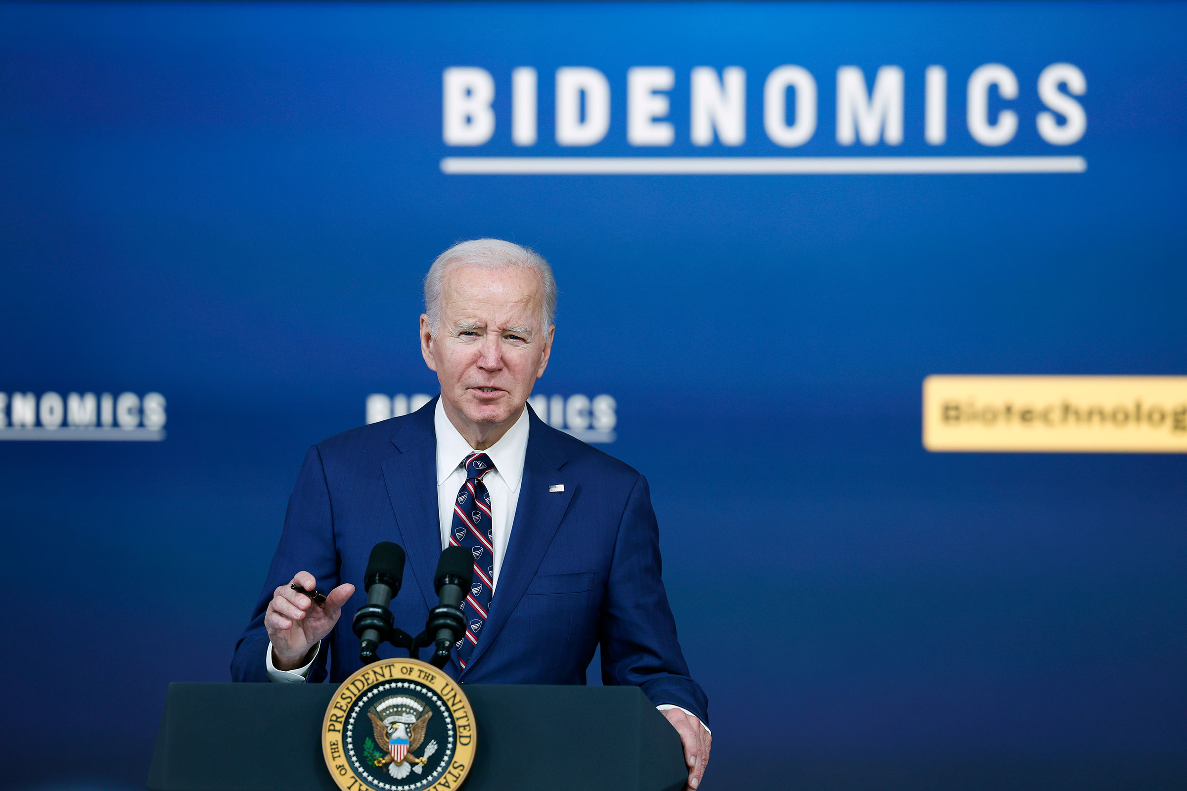 President Joe Biden speaks during an event at the South Court Auditorium in the Eisenhower Executive Office Building at the White House on October 23, 2023, in Washington, DC. 