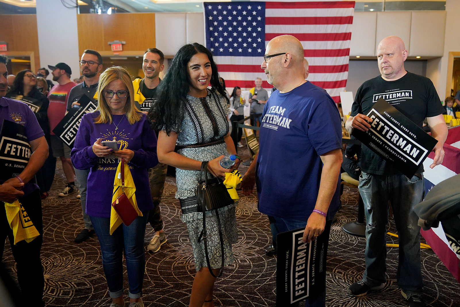 Gisele Fetterman, center left, greets supporters at a hotel in Imperial, Pennsylvania, on Tuesday.
