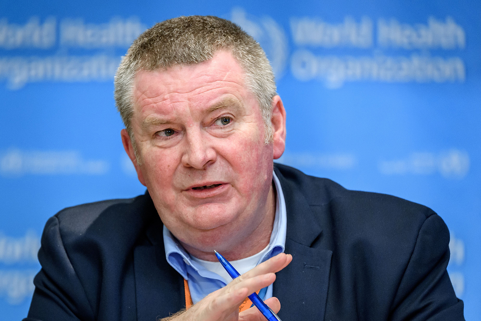 Dr. Michael Ryan talks during a daily press briefing on COVID-19 at the WHO heardquaters in Geneva, Switzerland on March 11.