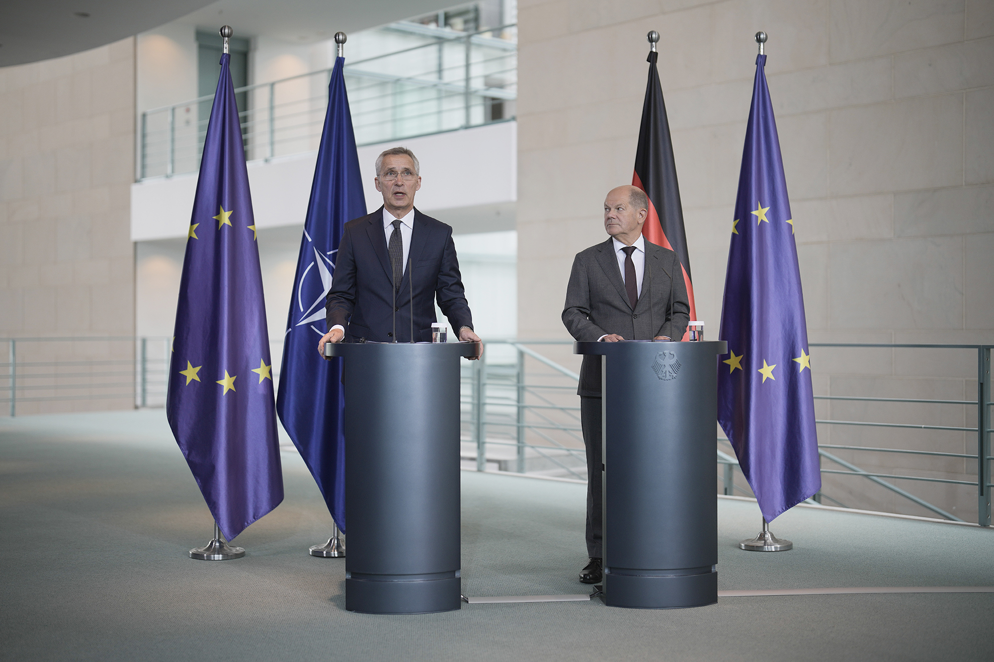 German Chancellor Olaf Scholz, right, and NATO Secretary General Jens Stoltenberg brief the media after a meeting at the Chancellery in Berlin, Germany, on June 19.