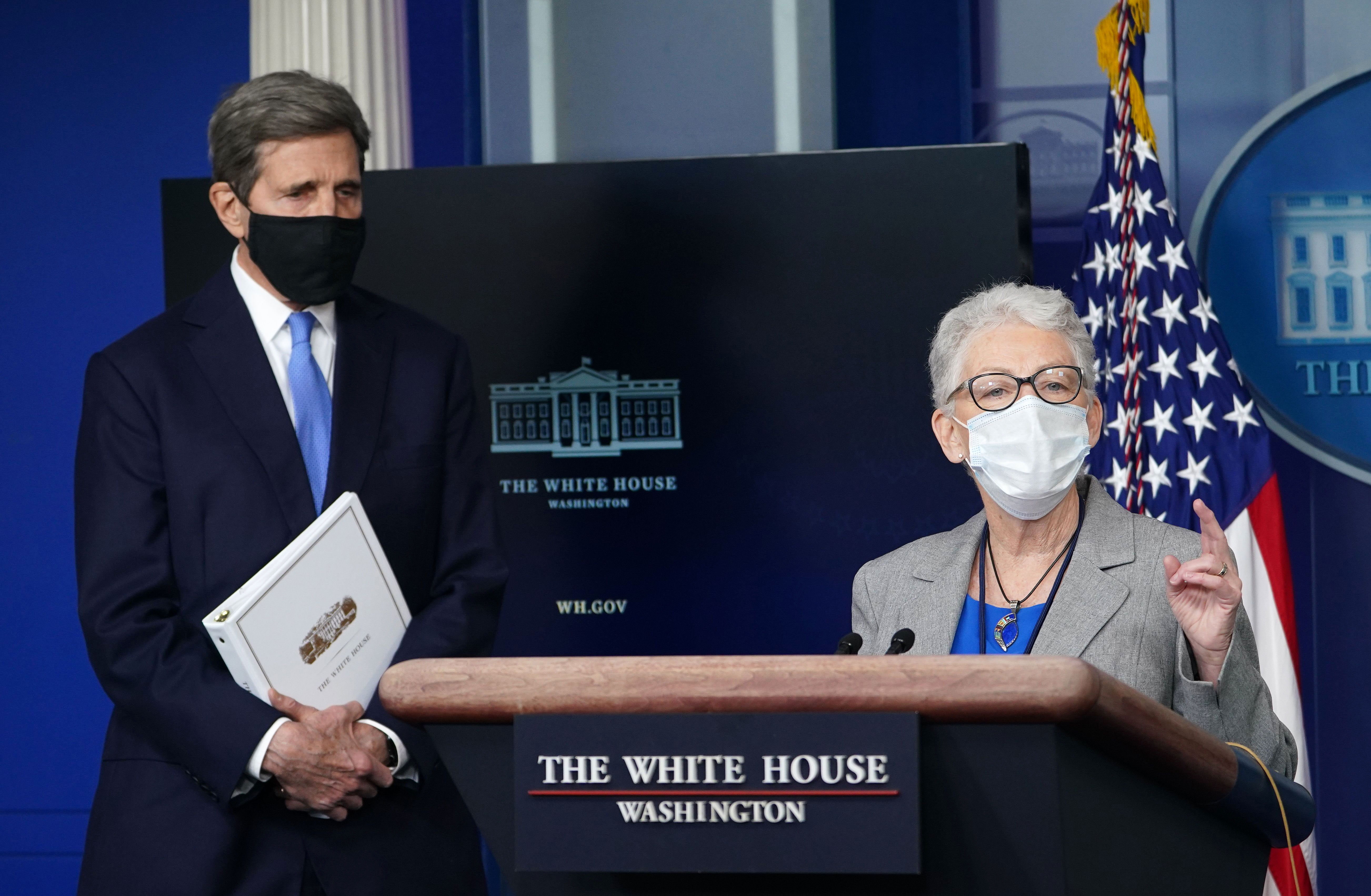 National Climate Adviser Gina McCarthy speaks at a briefing at the White House on January 27. On the left is Special Presidential Envoy for Climate John Kerry.