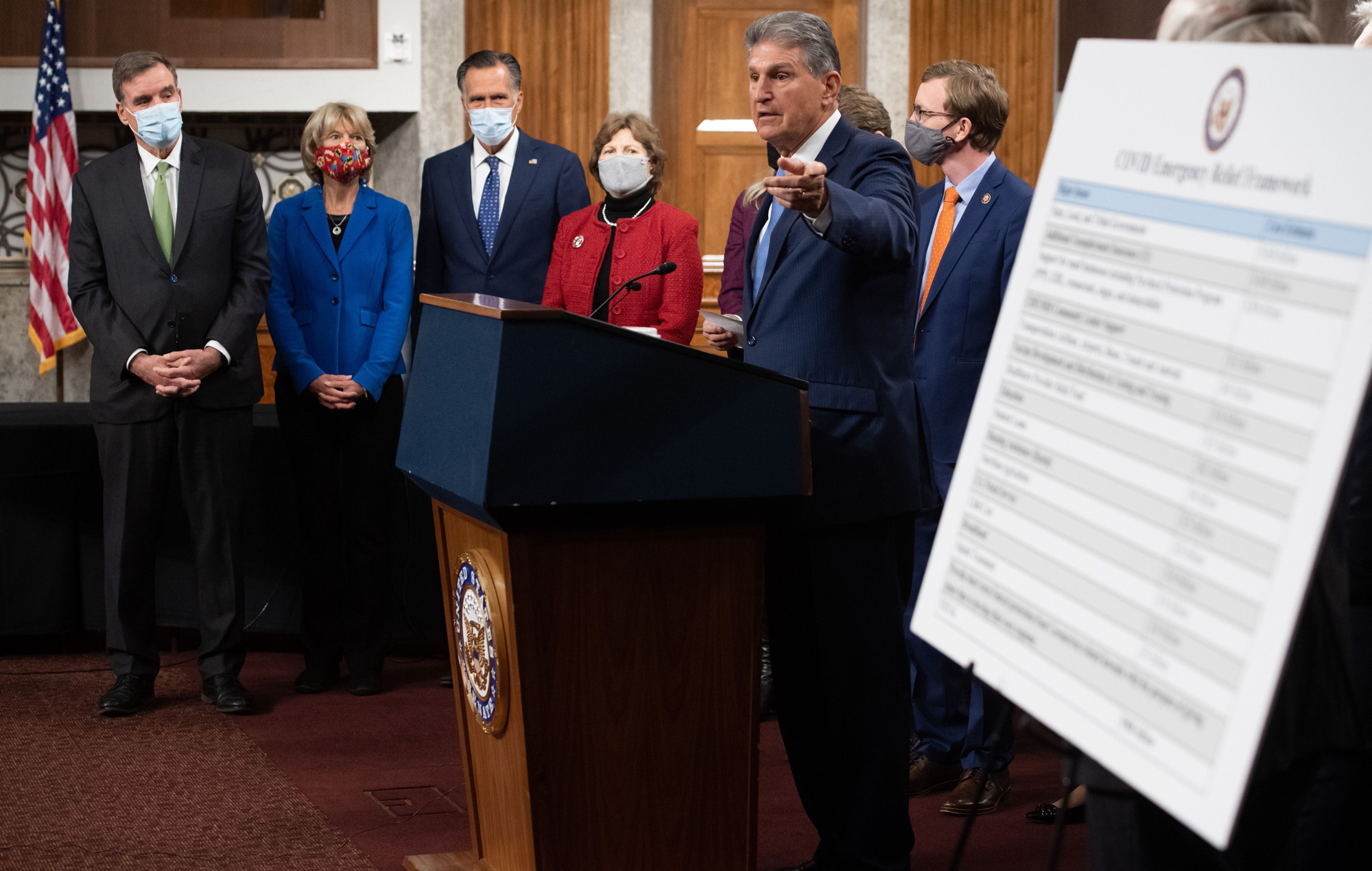 US Senator Joe Manchin, center, speaks alongside a bipartisan group of Democrat and Republican members of Congress as they announce a proposal for a Covid-19 relief bill on Capitol Hill in Washington, DC, on December 1.