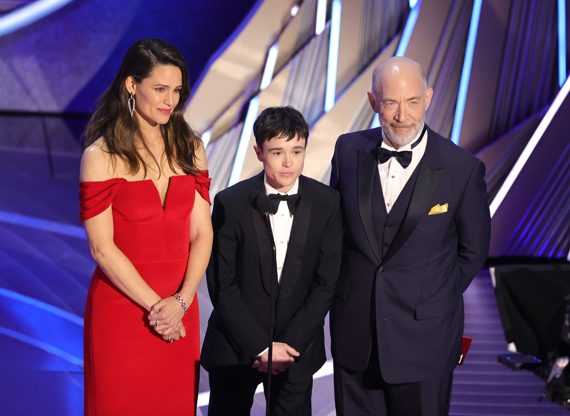 From left: Jennifer Garner, Elliot Page, and J.K. Simmons speak onstage during the 94th Annual Academy Awards.