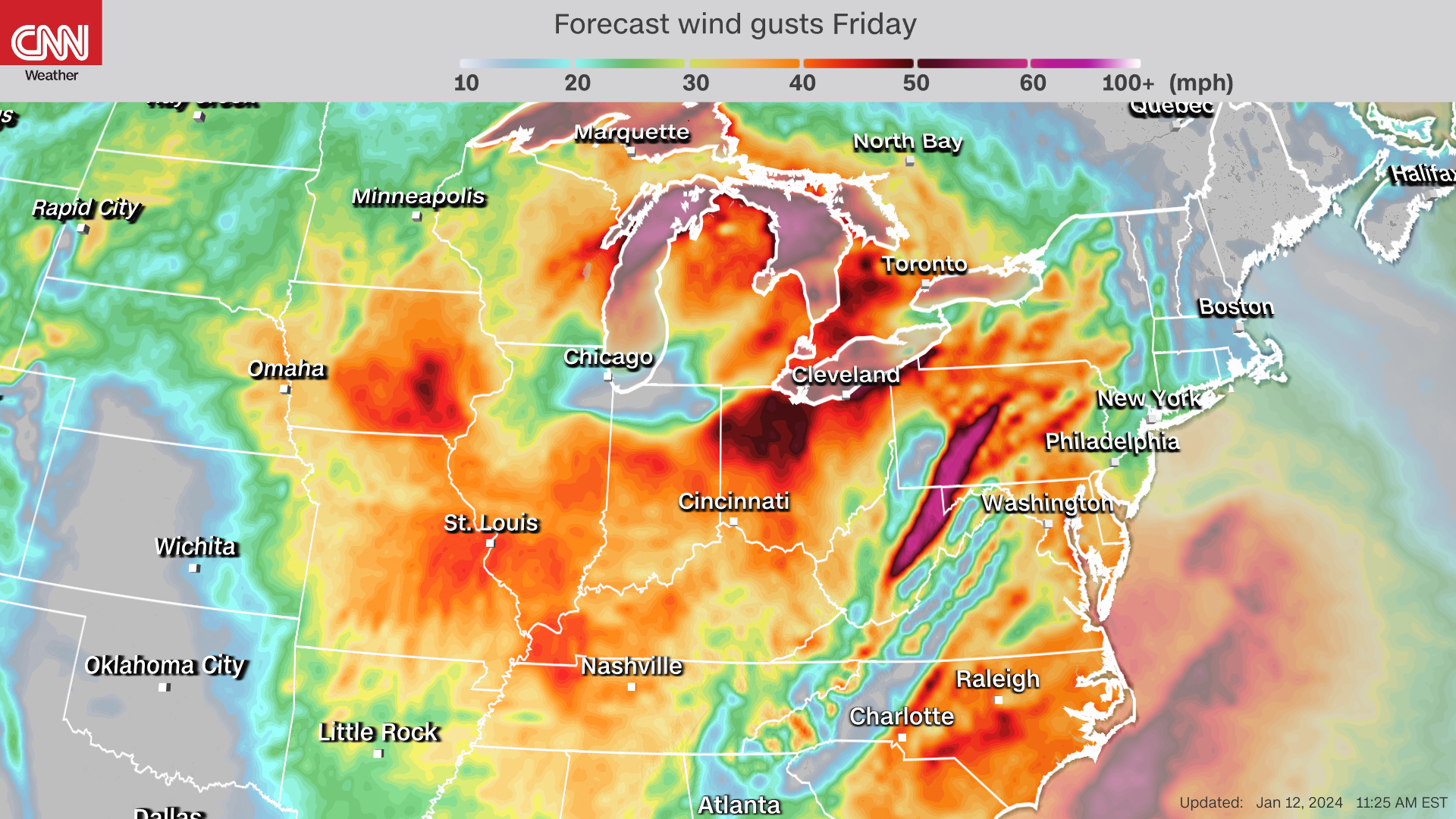 Wind gust forecast for Friday evening.