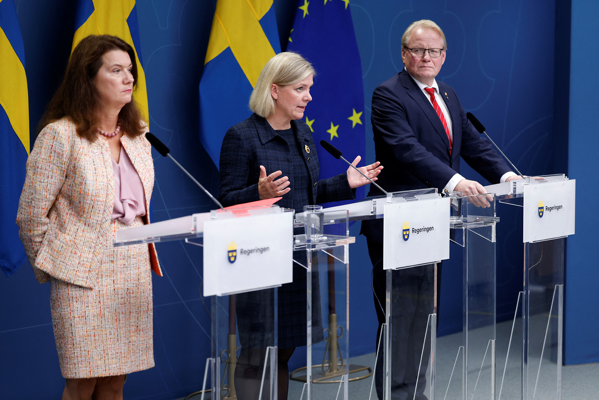 Swedish Foreign Minister Ann Linde, left, Prime Minister Magdalena Andersson, center and Defense Minister Peter Hultqvist speak with the media about the Nord Stream gas leak in the Baltic Sea on September 27.