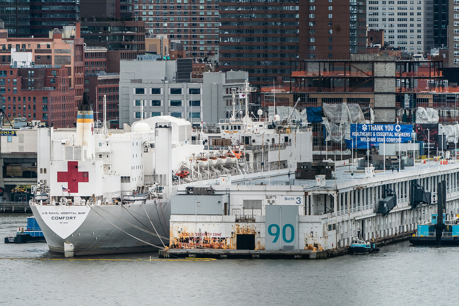 The USNS Comfort Navy hospital ship is docked at Pier 90 in Manhattan on April 27, as seen from Weehawken, New Jersey. 