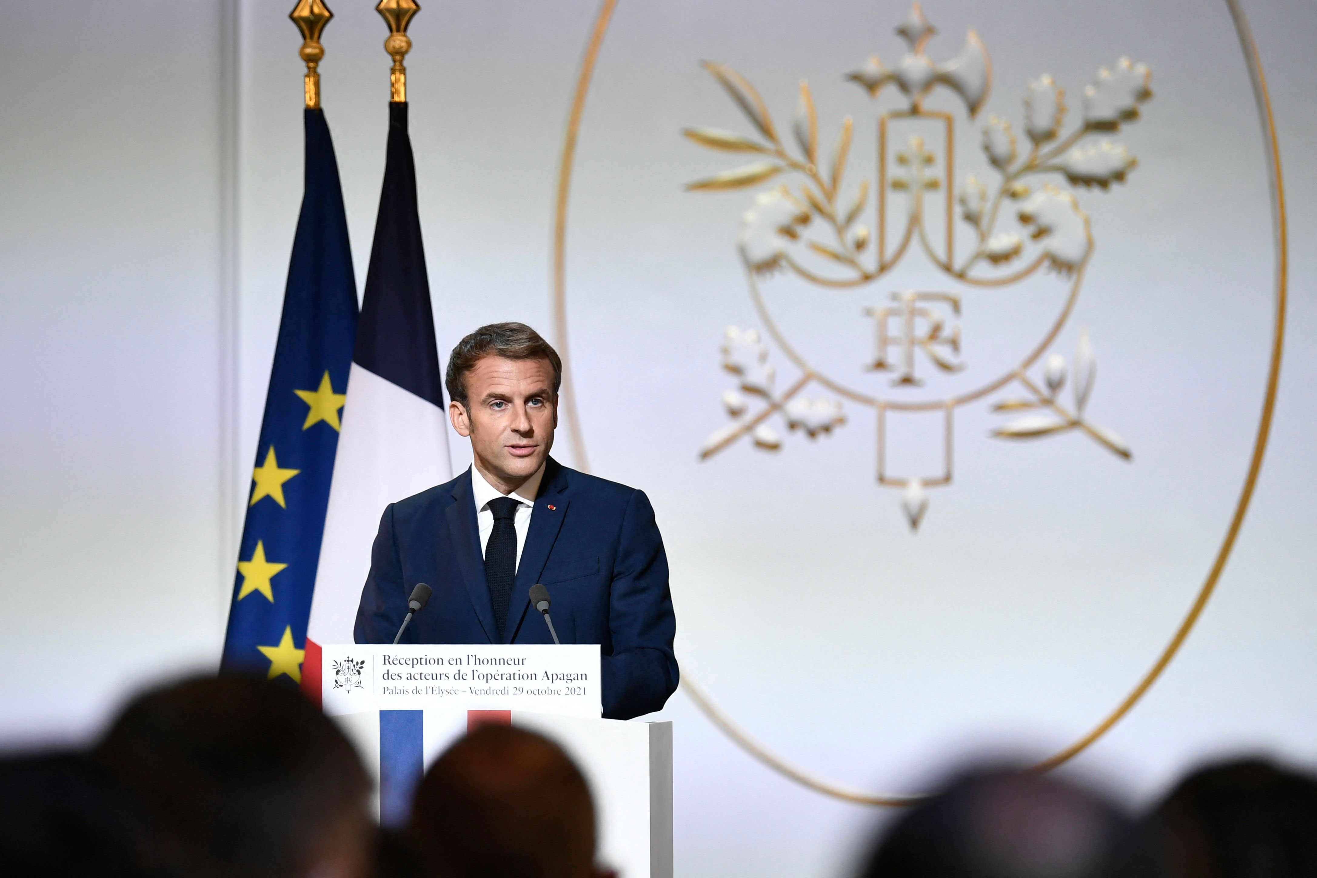 French President Emmanuel Macron delivers a speech at the Élysée Palace in Paris on October 29.