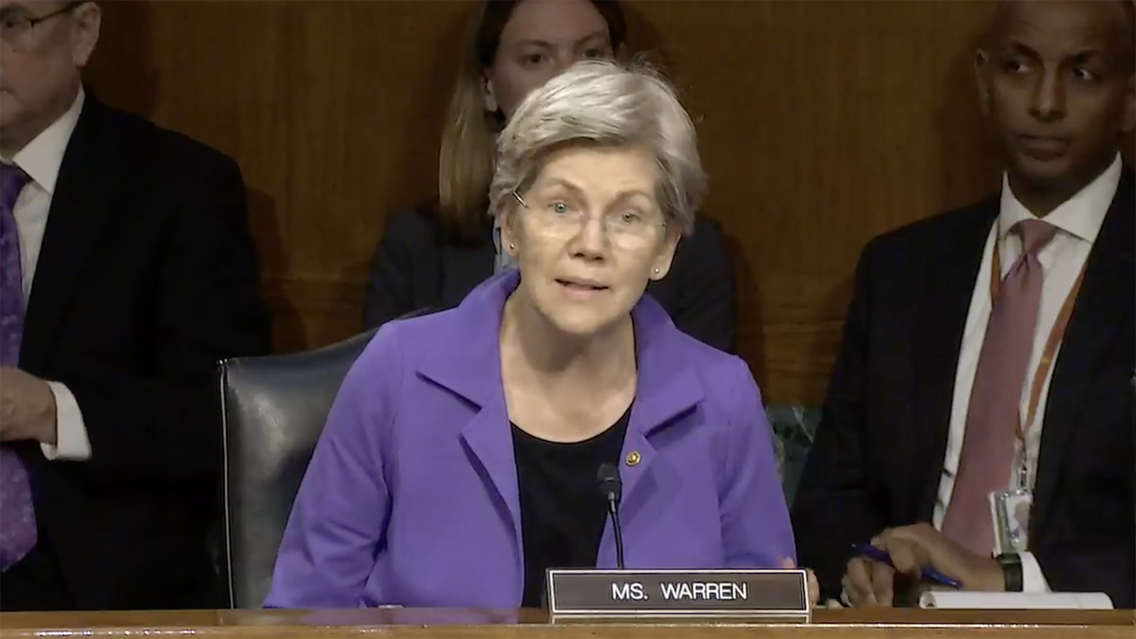 Senator Elizabeth Warren speaking at the Senate Banking, Housing, and Urban Affairs Committee hearing on "Recent Bank Failures and the Federal Regulatory Response" in Washington, DC, today.  