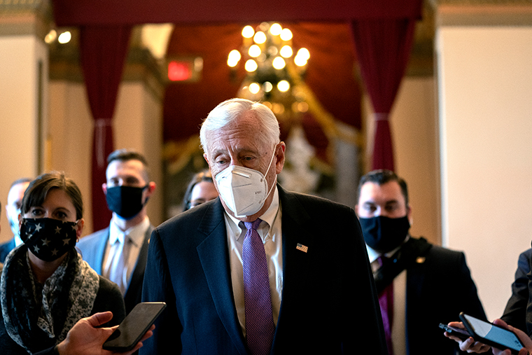 House Majority Leader Steny Hoyer (D-MD) (C) at the U.S. Capitol on January 13, 2021 in Washington, DC. 