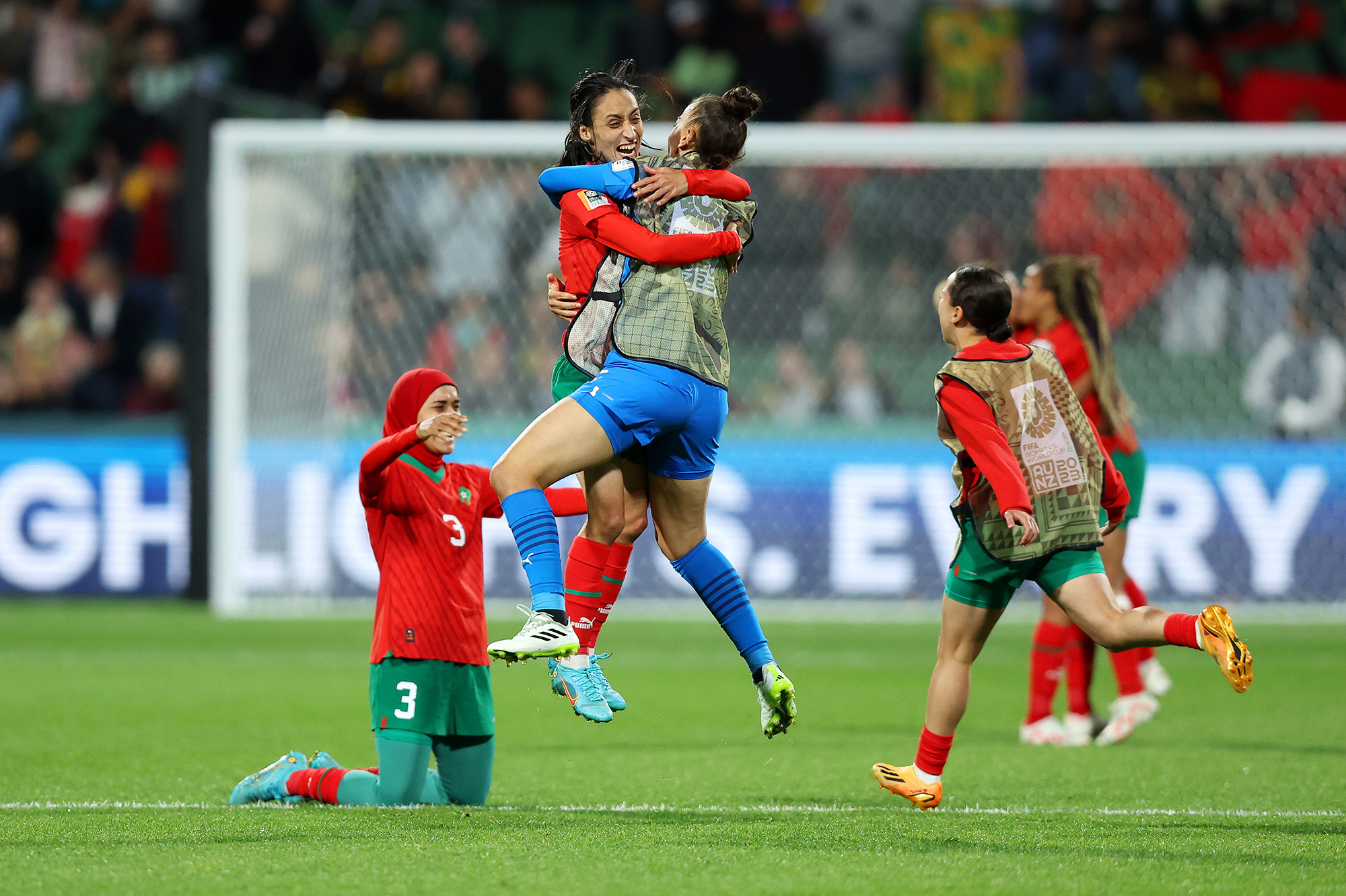Morocco players celebrate advancing to the knock out stage after the 1-0 victory in the FIFA Women's World Cup Australia & New Zealand 2023 Group H match between Morocco and Colombia at Perth Rectangular Stadium on August 3, in Perth, Australia. 