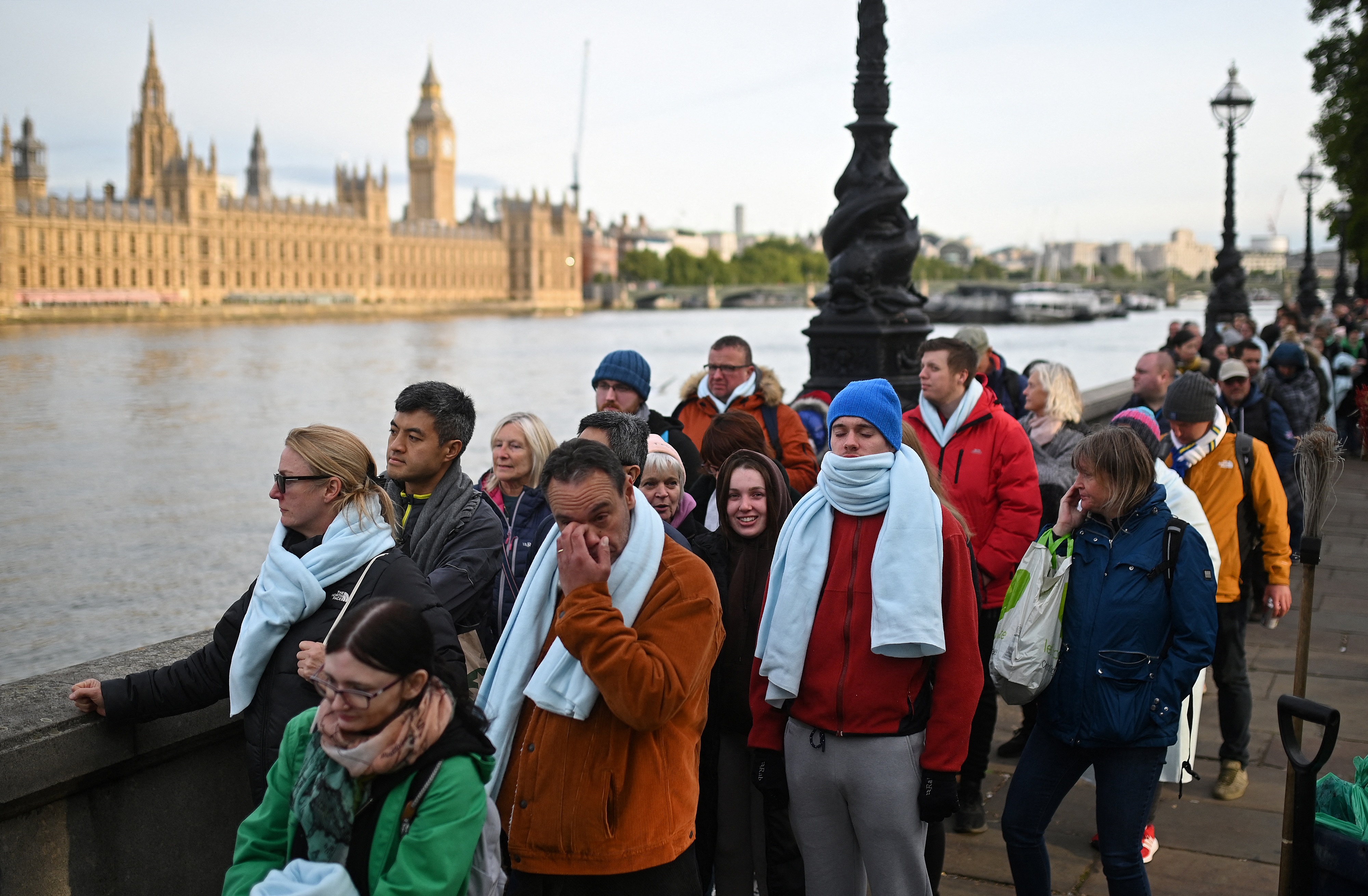 Queuers opposite the Houses of Parliament on Sunday morning.