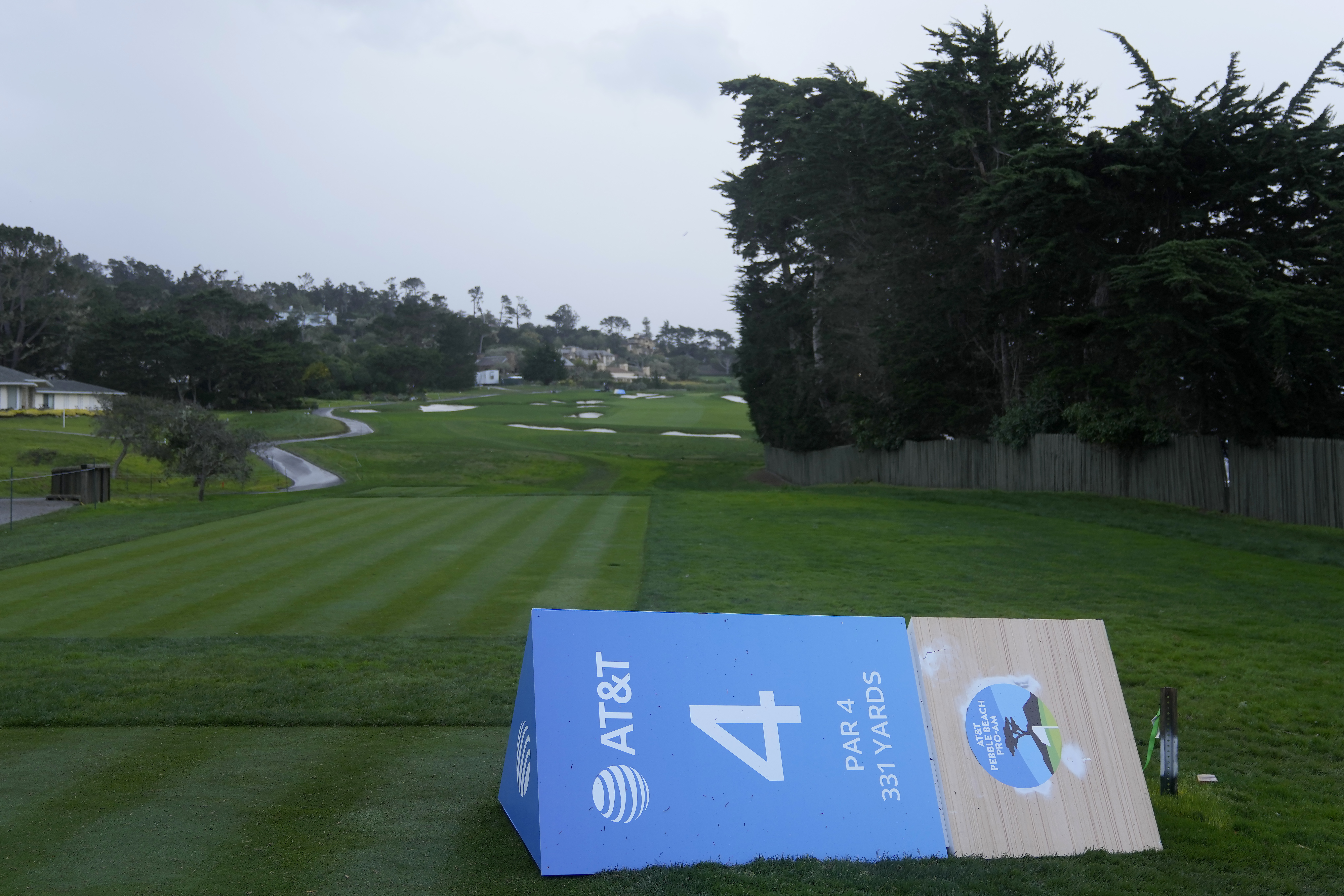 A fallen marker for the fourth tee is seen at Pebble Beach Golf Links before the final round of the AT&T Pebble Beach Pro-Am golf tournament in Pebble Beach, California, on February 4.