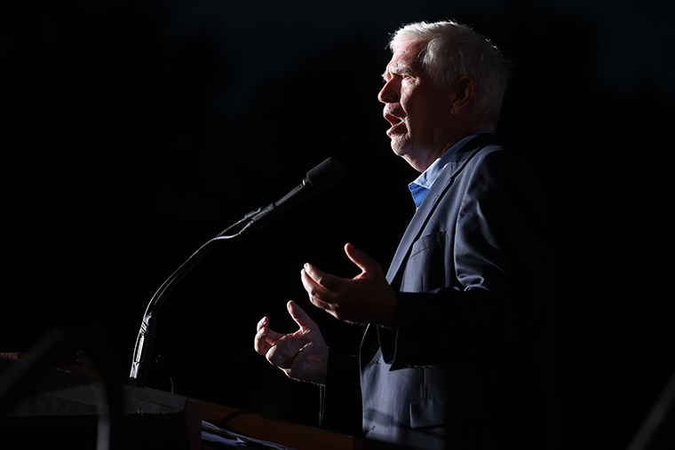 Rep. Mo Brooks addresses a "Save America" rally at York Family Farms on August 21, in Cullman, Alabama.