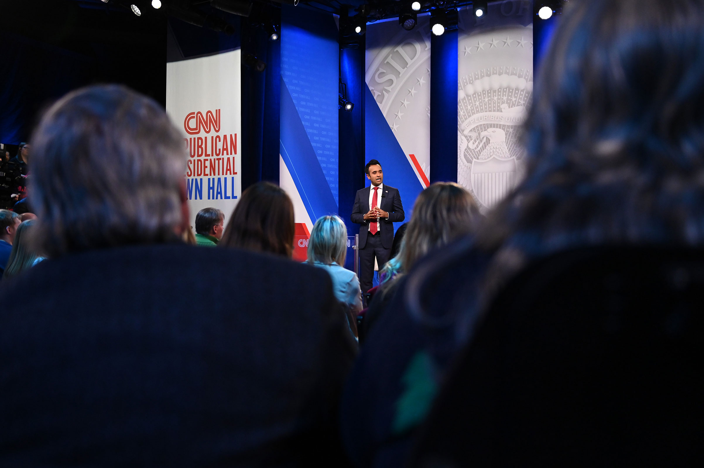 Republican presidential candidate Vivek Ramaswamy participates in a CNN Republican Town Hall moderated by CNN’s Abby Phillip at Grand View University in Des Moines, Iowa, on Wednesday, December 13.