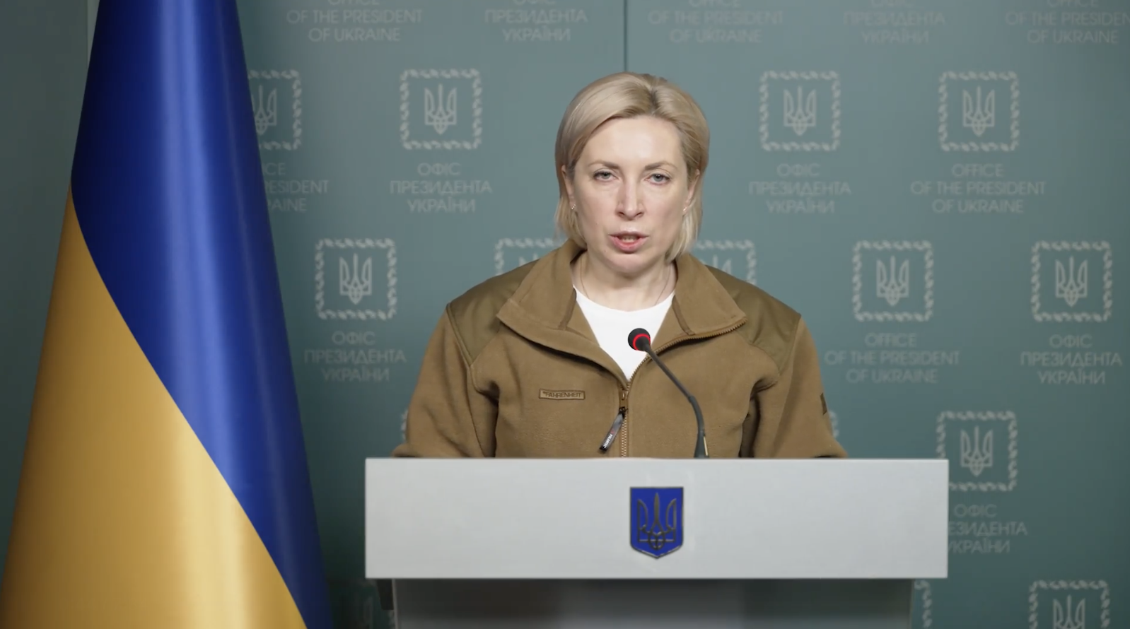 Ukrainian Deputy Prime Minister, Iryna Vereshchuk, delivers a video message on March 7.