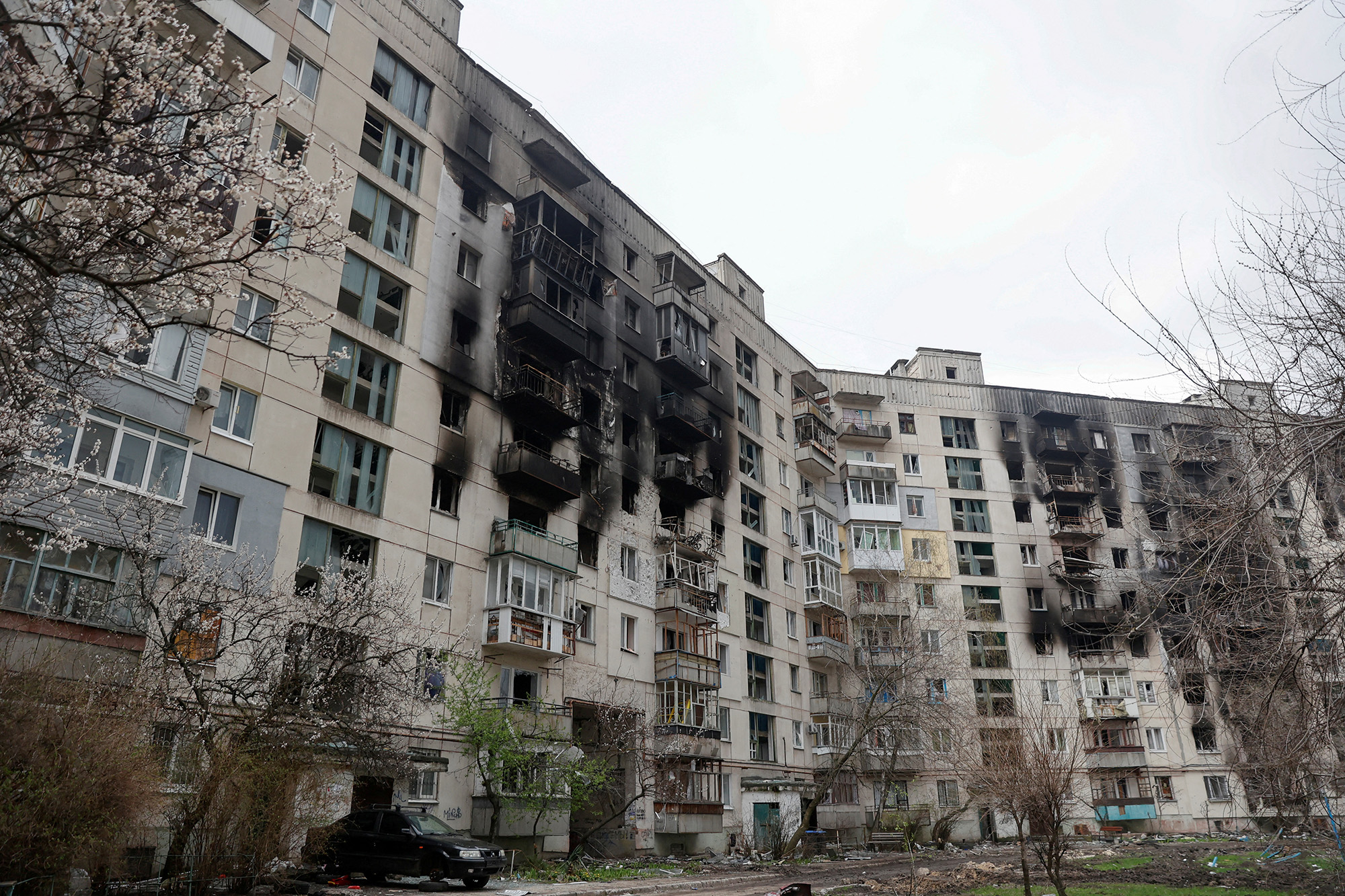 An apartment building damaged by a military strike in Sievierodonetsk, Luhansk region, Ukraine, on April 16.