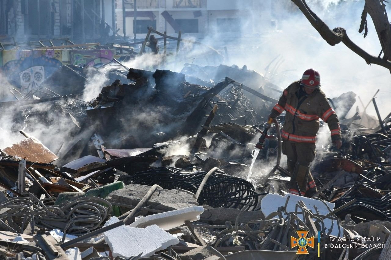 A firefighter works at site of a residential area damaged by a Russia missile strike in the settlement of Zatoka, Odesa region, Ukraine, on July 26.