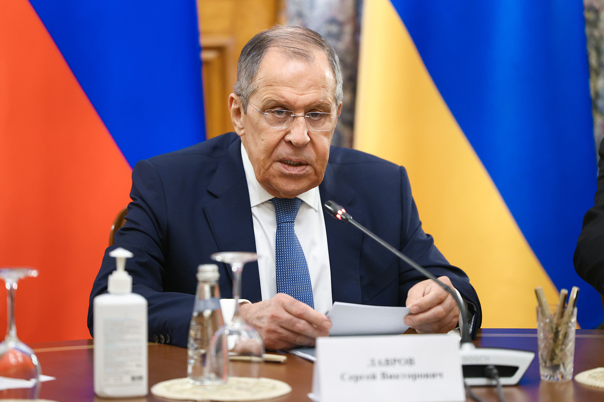Russian Foreign Minister Sergey Lavrov attends a tripartite meeting in Moscow, Russia, on May 19.