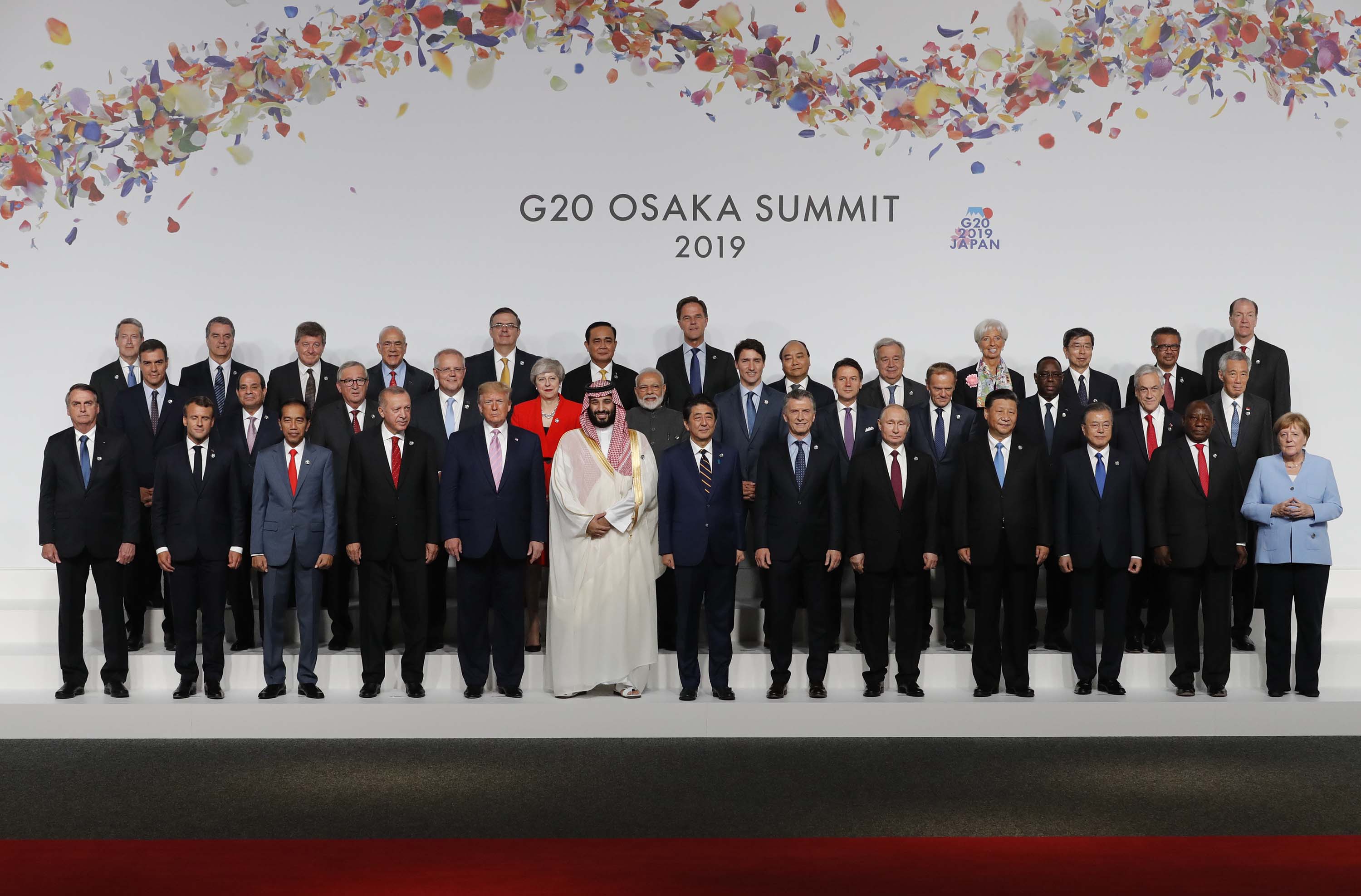 World leaders attend a family photo session at the G20 summit in Osaka, Japan, in June 2019.