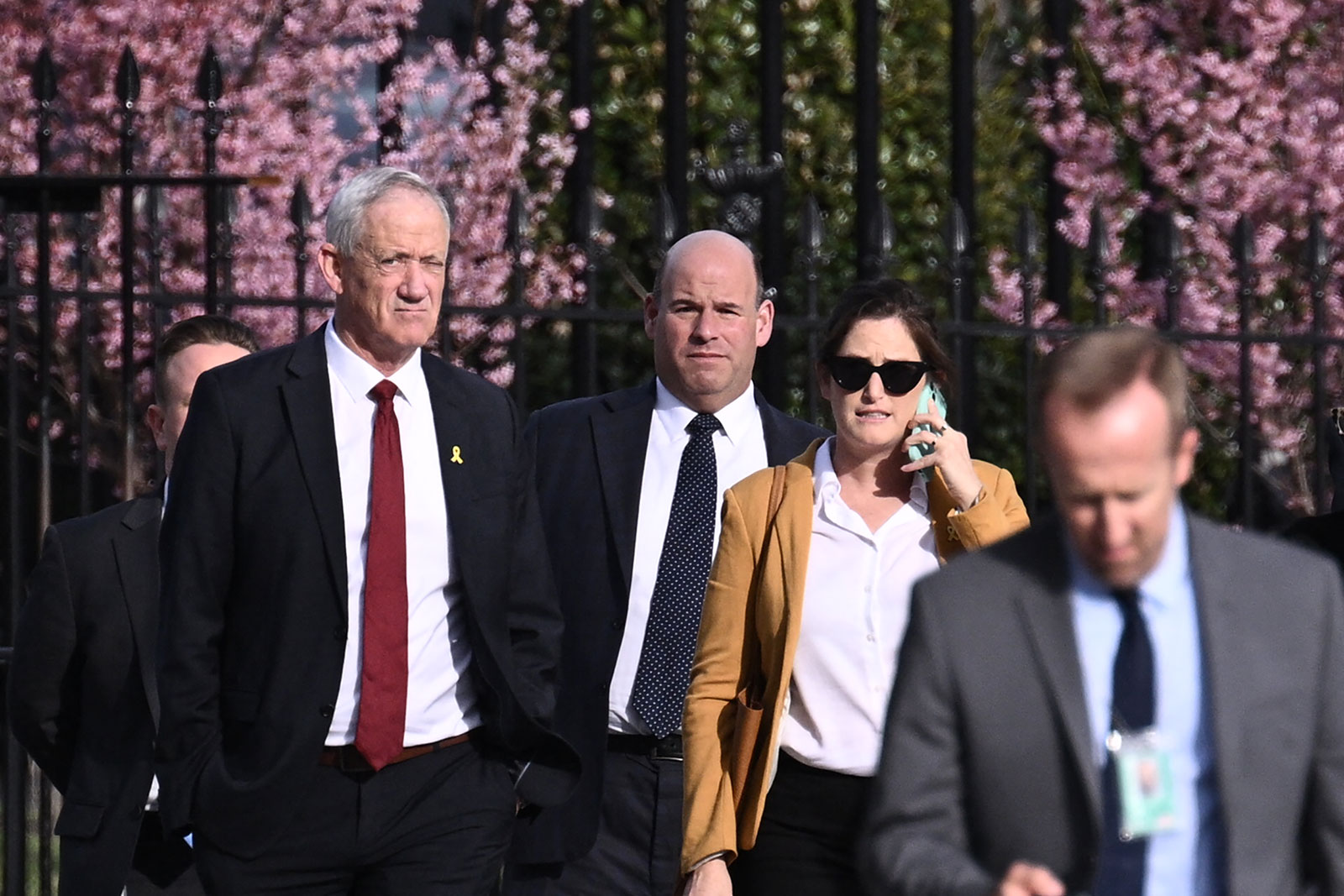 Israeli war cabinet member Benny Gantz, left, departs the White House after meeting with US Vice President Kamala Harris on Monday, March 4, 2024 in Washington, DC. 