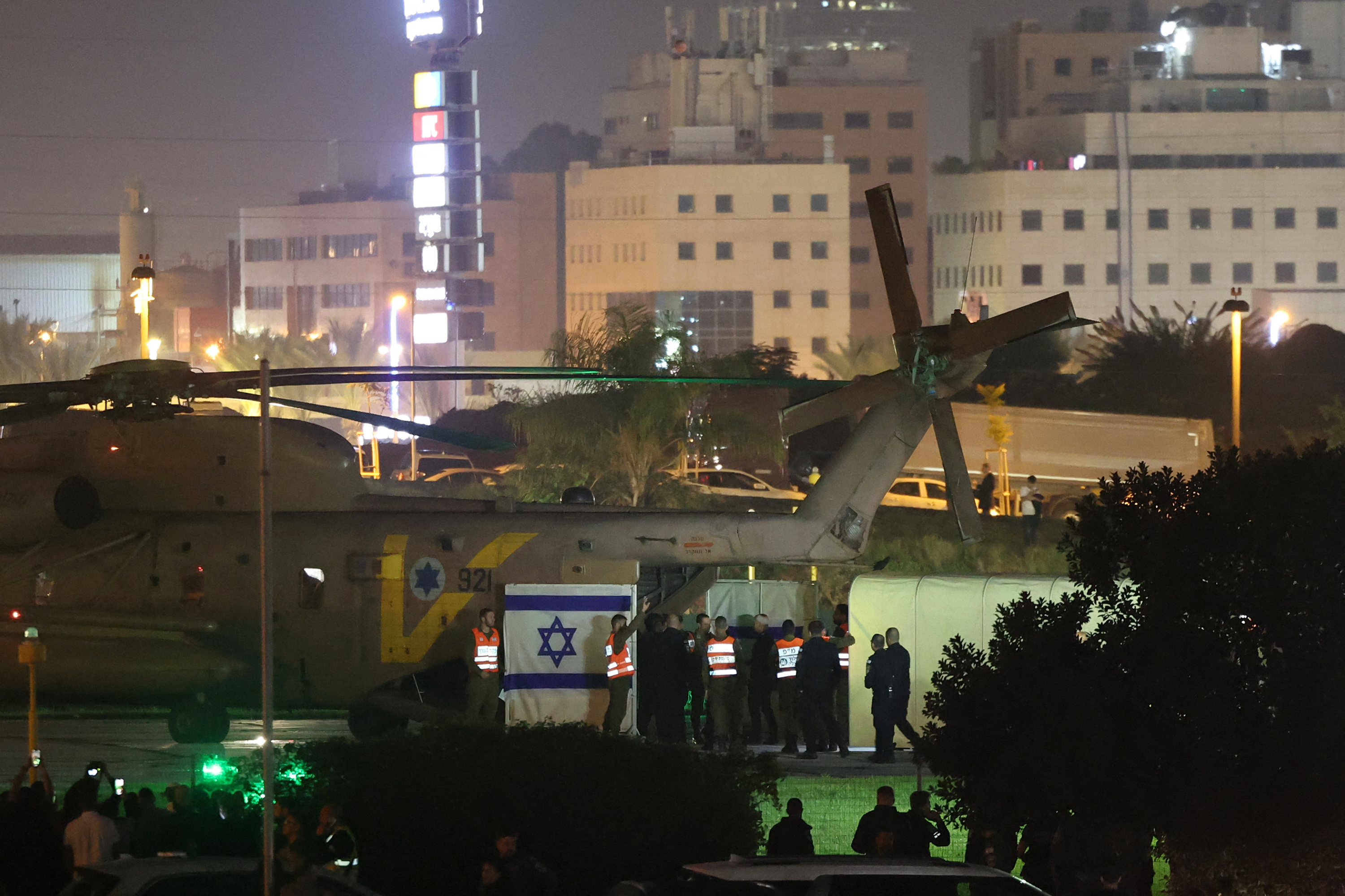 An Israeli helicopter with released hostages lands at Tel Aviv's Schneider medical centre on November 24.