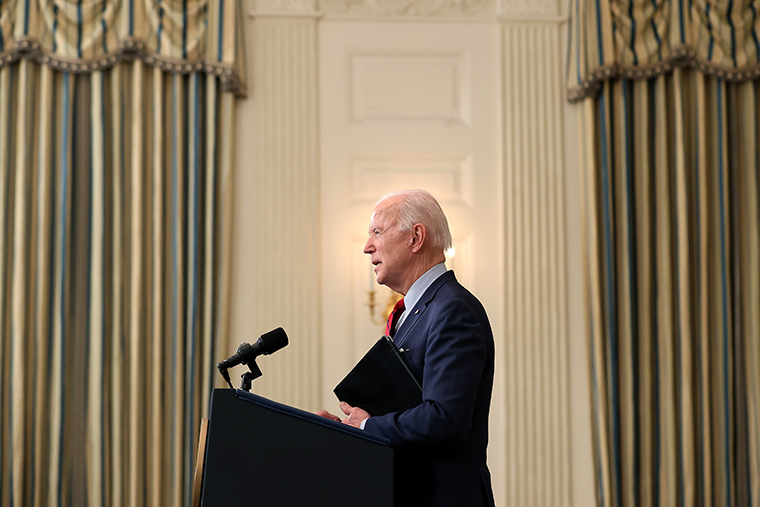 U.S. President Joe Biden delivers remarks about Monday's mass shooting in Boulder, Colorado, in the State Dining Room at the White House on March 23, 2021.