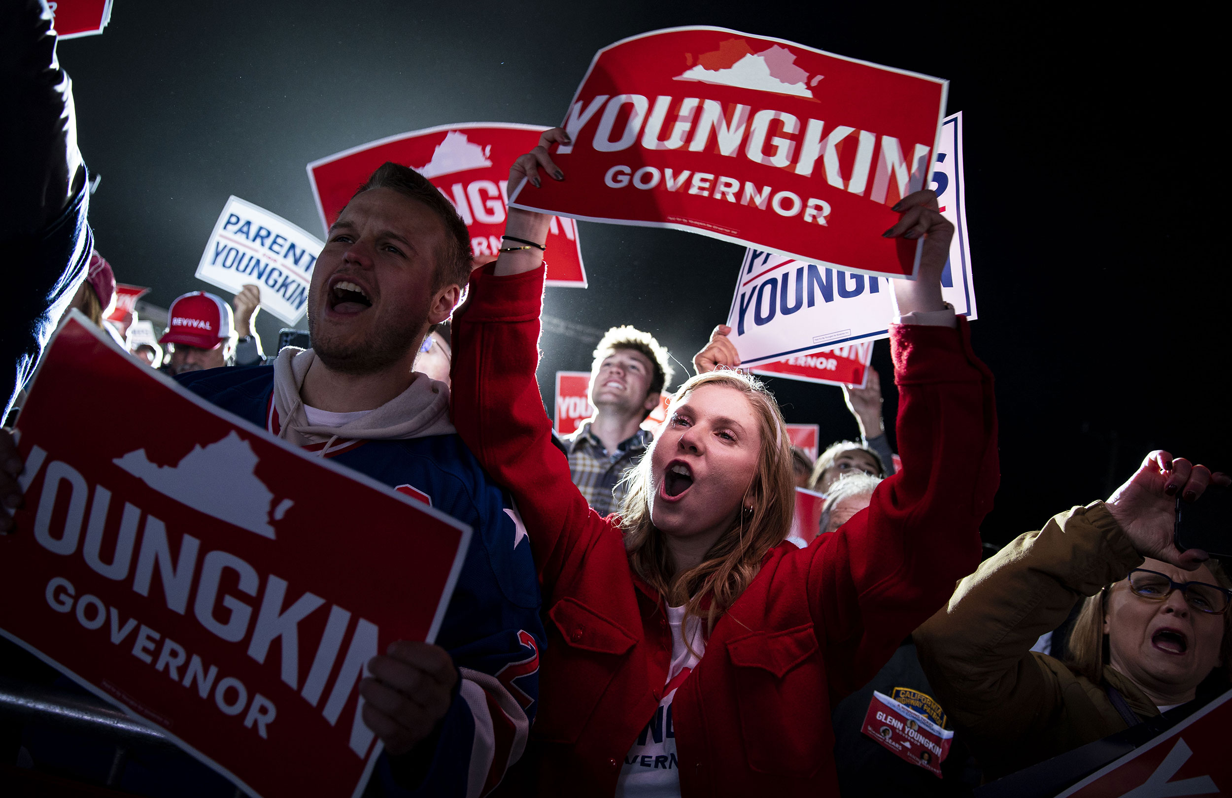 People cheer during a campaign rally for Virginia Republican gubernatorial candidate Glenn Youngkin in Leesburg, Virginia, on Monday, November 1.