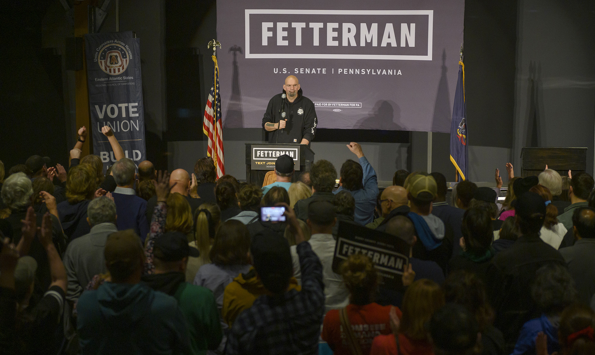 Pennsylvania Democratic candidate for Senate Lt. Governor John Fetterman speaks to supporters during a rally at the Carpenters Union Hall of Pittsburgh on November 7, in Pittsburgh, Pennsylvania. 