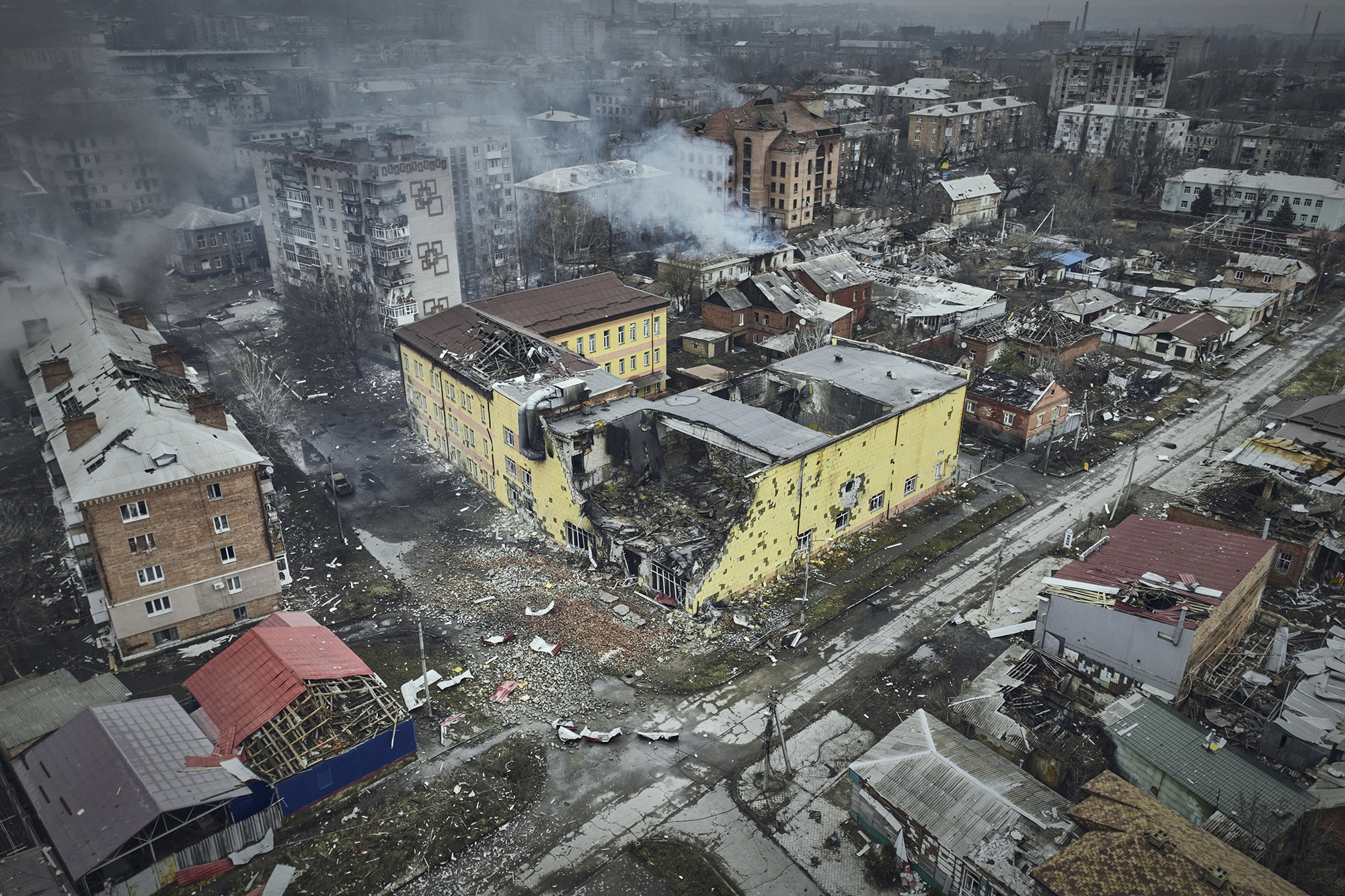 An aerial view of Bakhmut,in the Donetsk region, Ukraine, Sunday, March 26, 2023. (AP Photo/