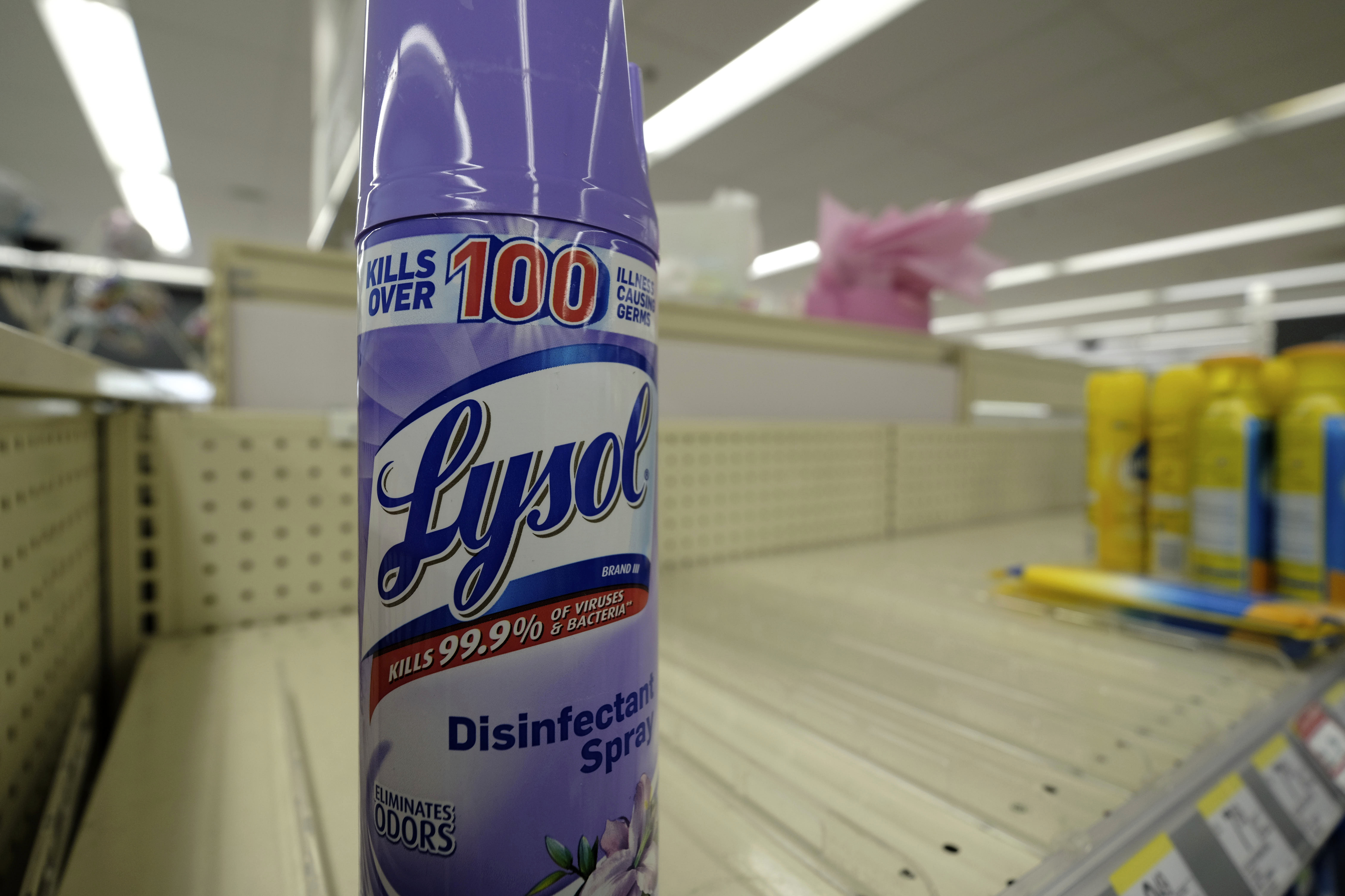 A can of Lysol Disinfectant Spray remains on the shelf of a Walgreens in Portland, Oregon, on March 2.