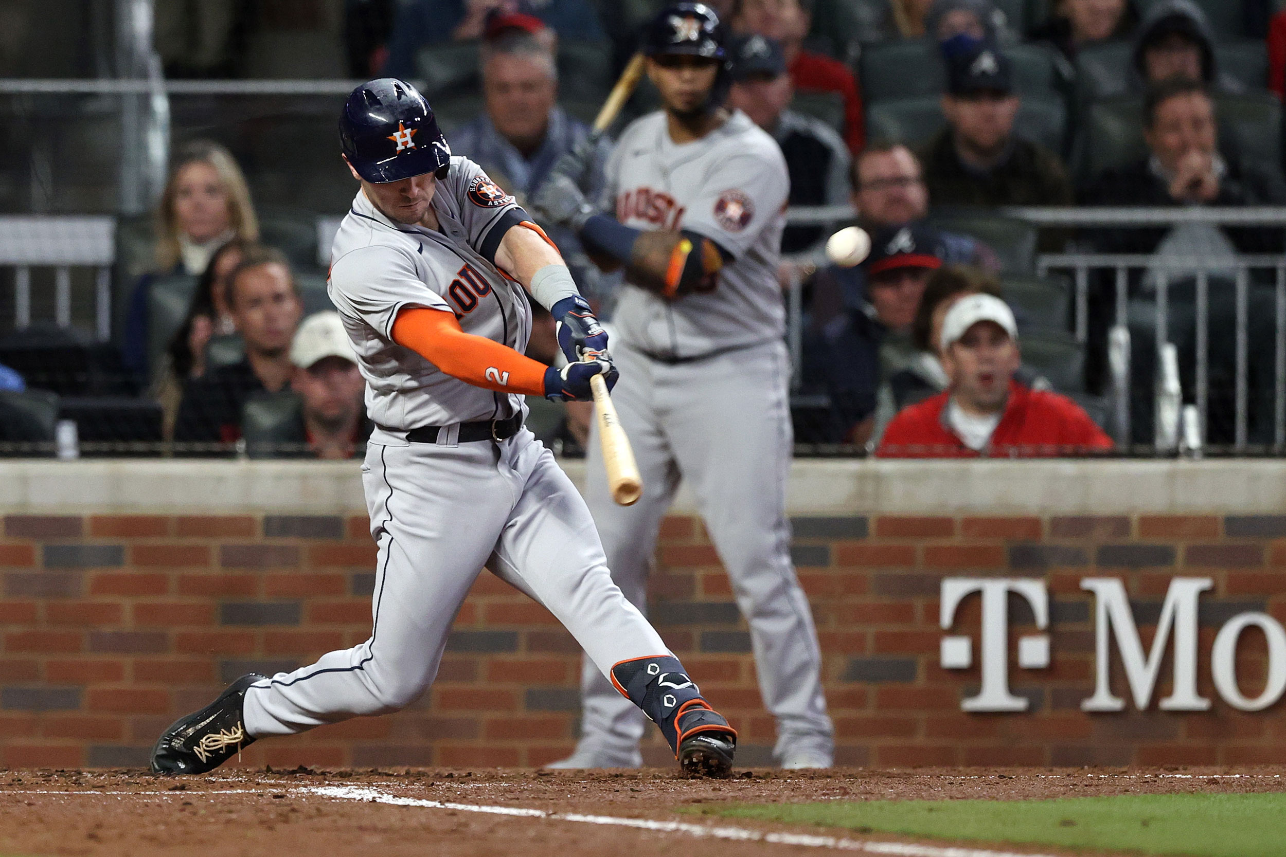 Alex Bregman of the Astros hits an RBI double during the second inning.