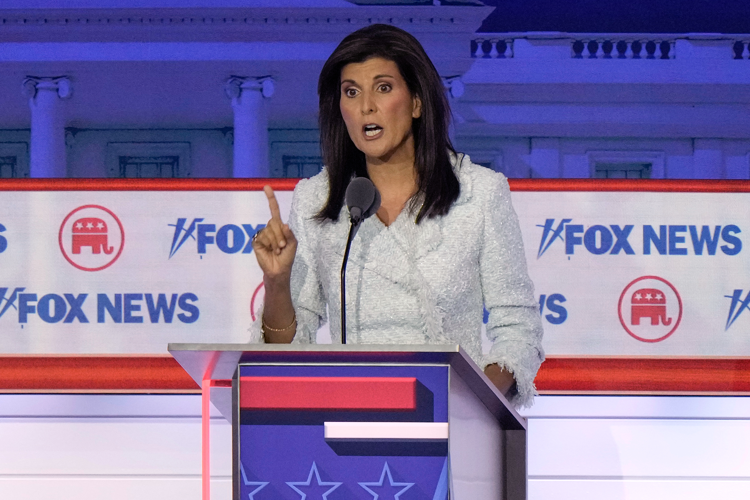 Republican presidential candidate Nikki Haley speaks during the Republican primary debate on Wednesday, August 23, in Milwaukee, Wisconsin. 