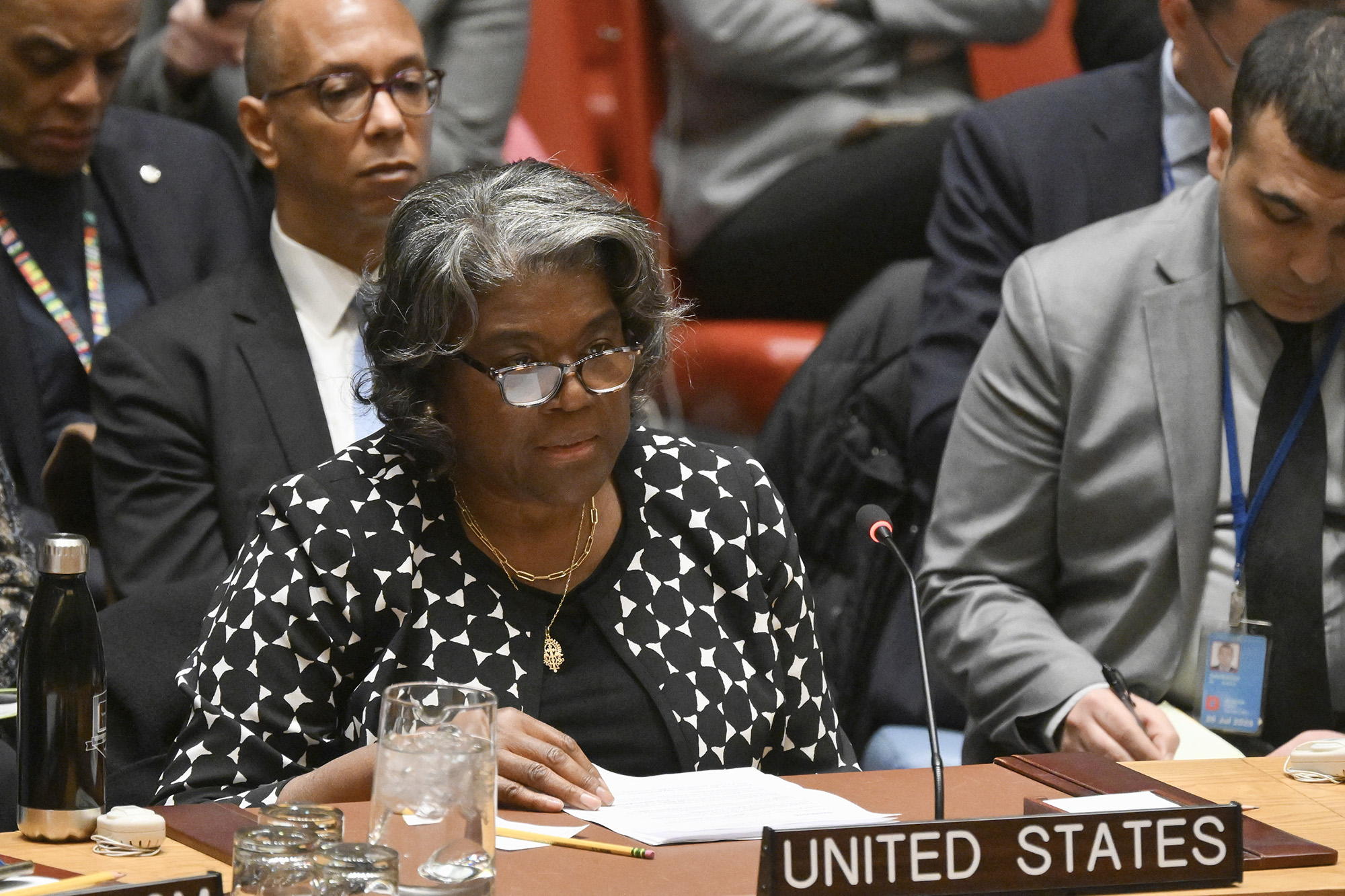 US Ambassador to the UN Linda Thomas-Greenfield attends a UN Security Council meeting on the Israel-Hamas war, at UN Headquarters in New York City on February 20.