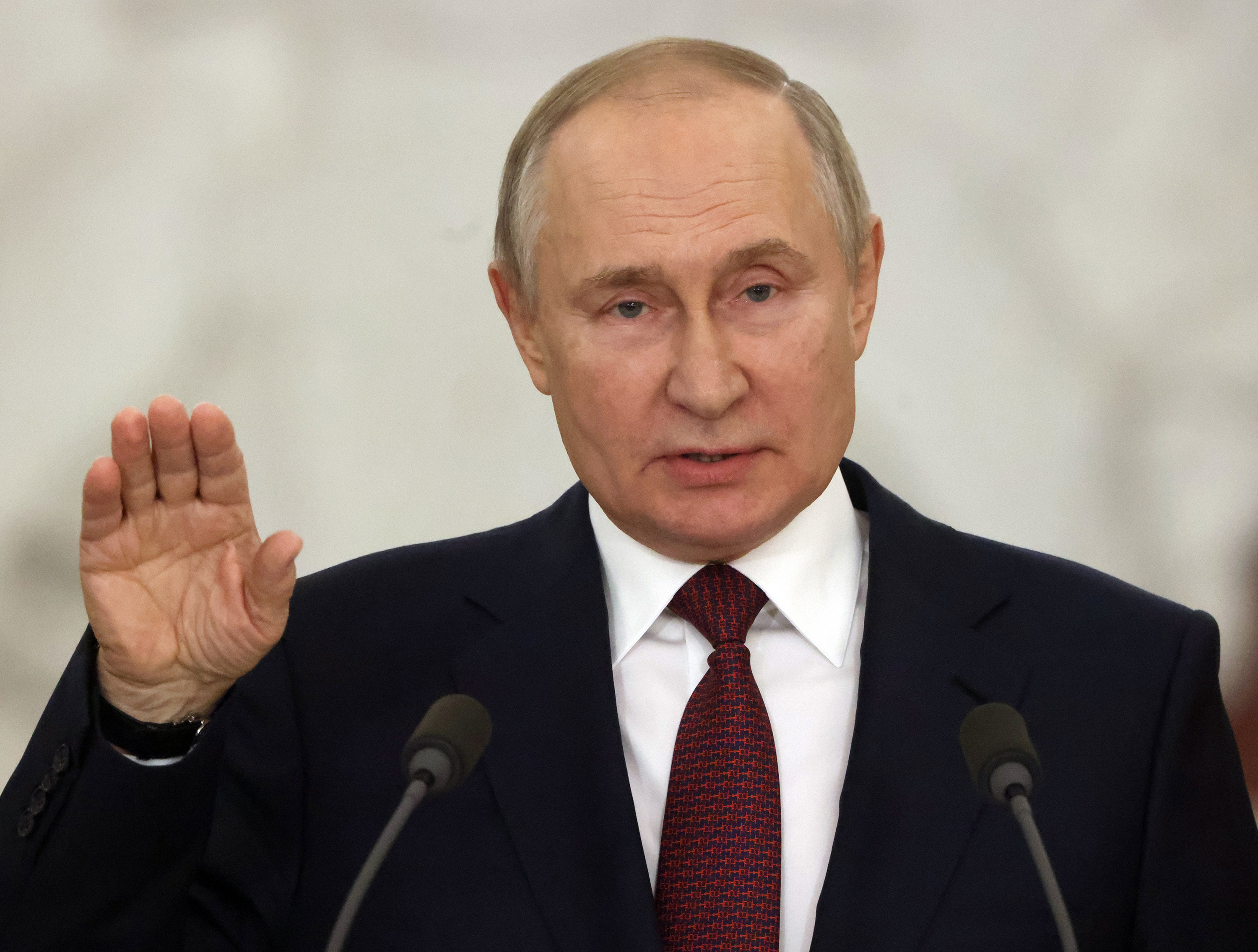 Russian President Vladimir Putin gestures during his briefing after the State Council meeting at the Grand Kremlin Palace, on December 22, in Moscow, Russia. 