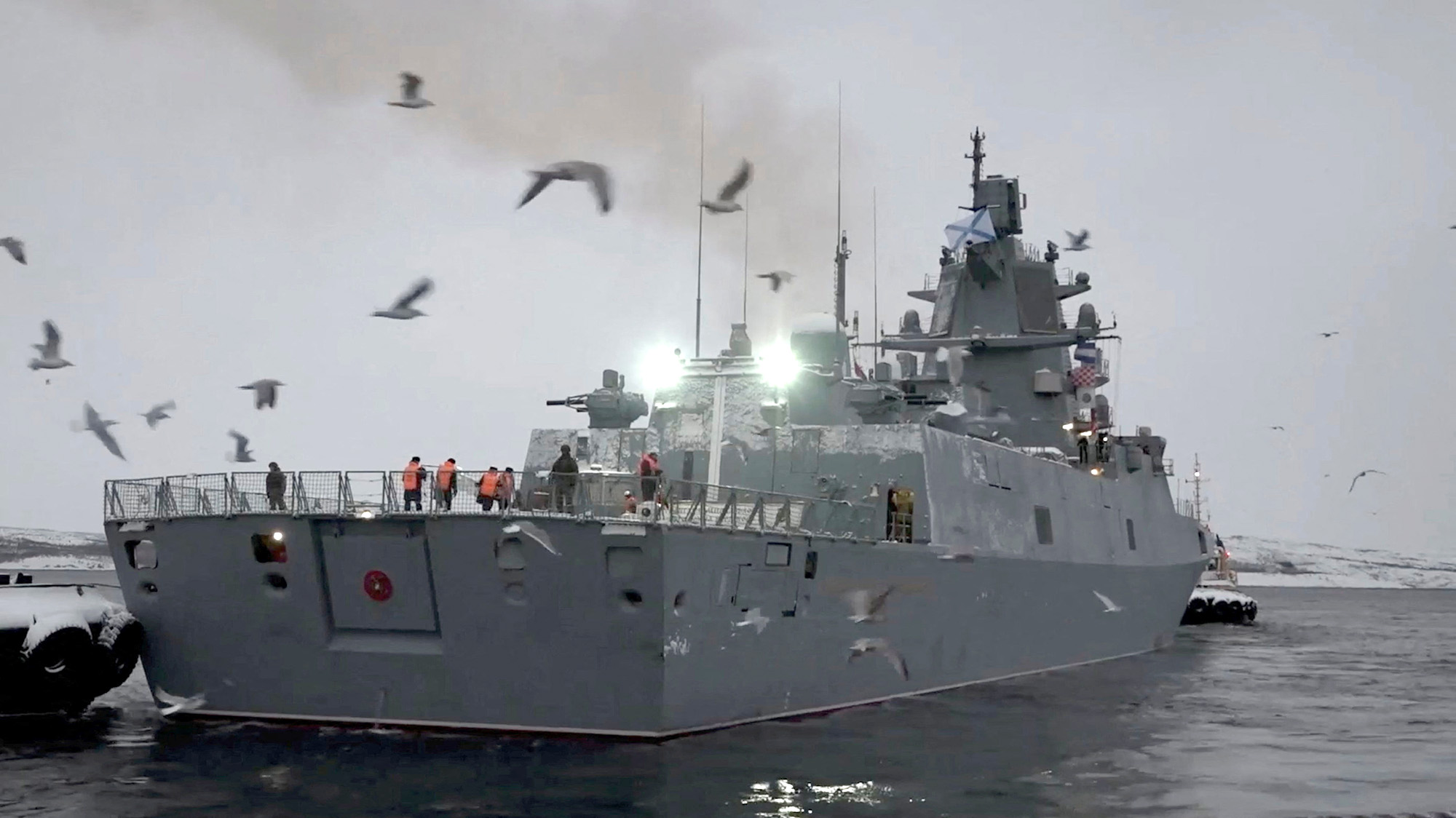 The Russian frigate 'Admiral Gorshkov', armed with Zircon hypersonic weapons, leaves the naval base in Severomorsk, Russia, in this still image taken from video released on January 4, 2023. 