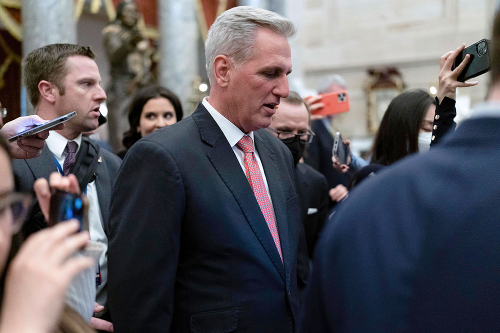 McCarthy talks with the media after the House voted to adjourn for the evening on Thursday, January 5. 