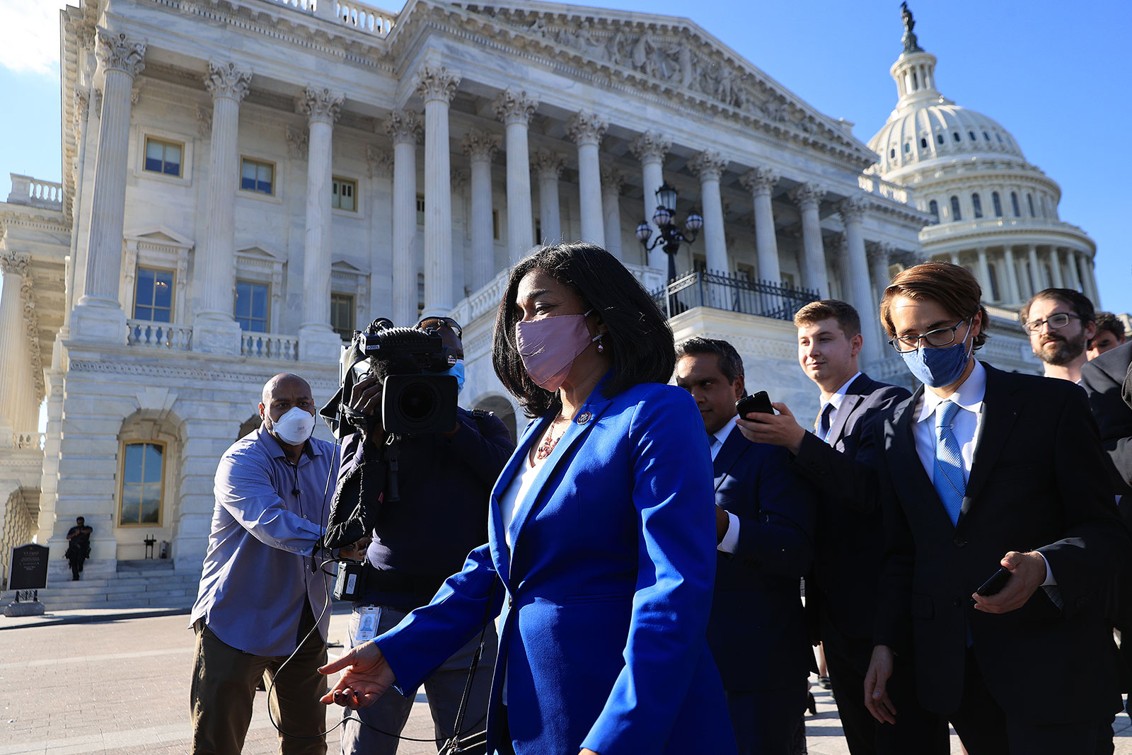 Rep. Pramila Jayapal speaks with reporters outside the US Capitol on September 30.
