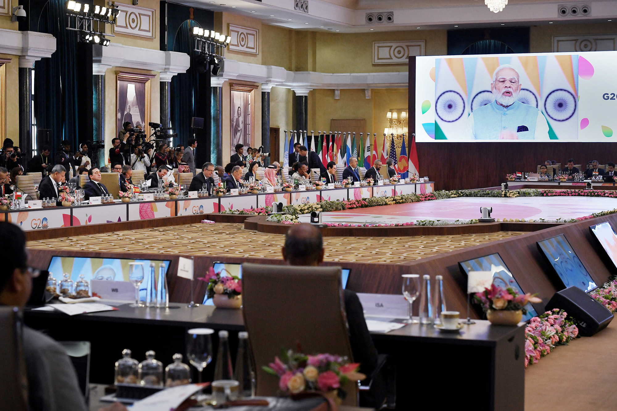 India's Prime Minister Narendra Modi addresses the G20 foreign ministers meeting, via video link, in New Delhi, India, on March 2.