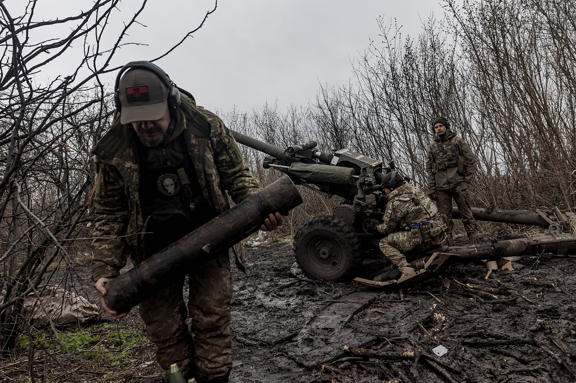 Ukrainian soldiers prepare to fire an artillery shell on the frontline area in Donetsk Oblast, Bakhmut, Ukraine on Monday, April 03.