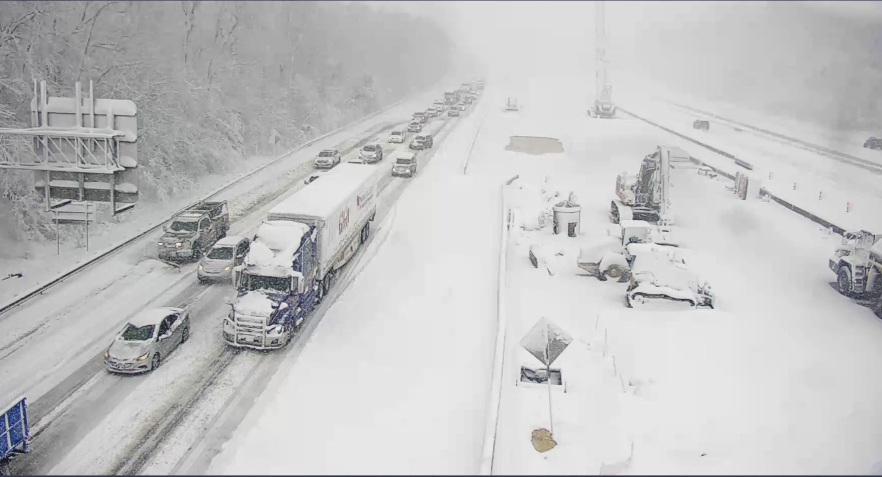 This image provided by the Virginia department of Transportation shows a closed section of Interstate 95 near Fredericksburg, Va. Monday Jan. 3, 2022. Both northbound and southbound sections of the highway were closed due to snow and ice. 