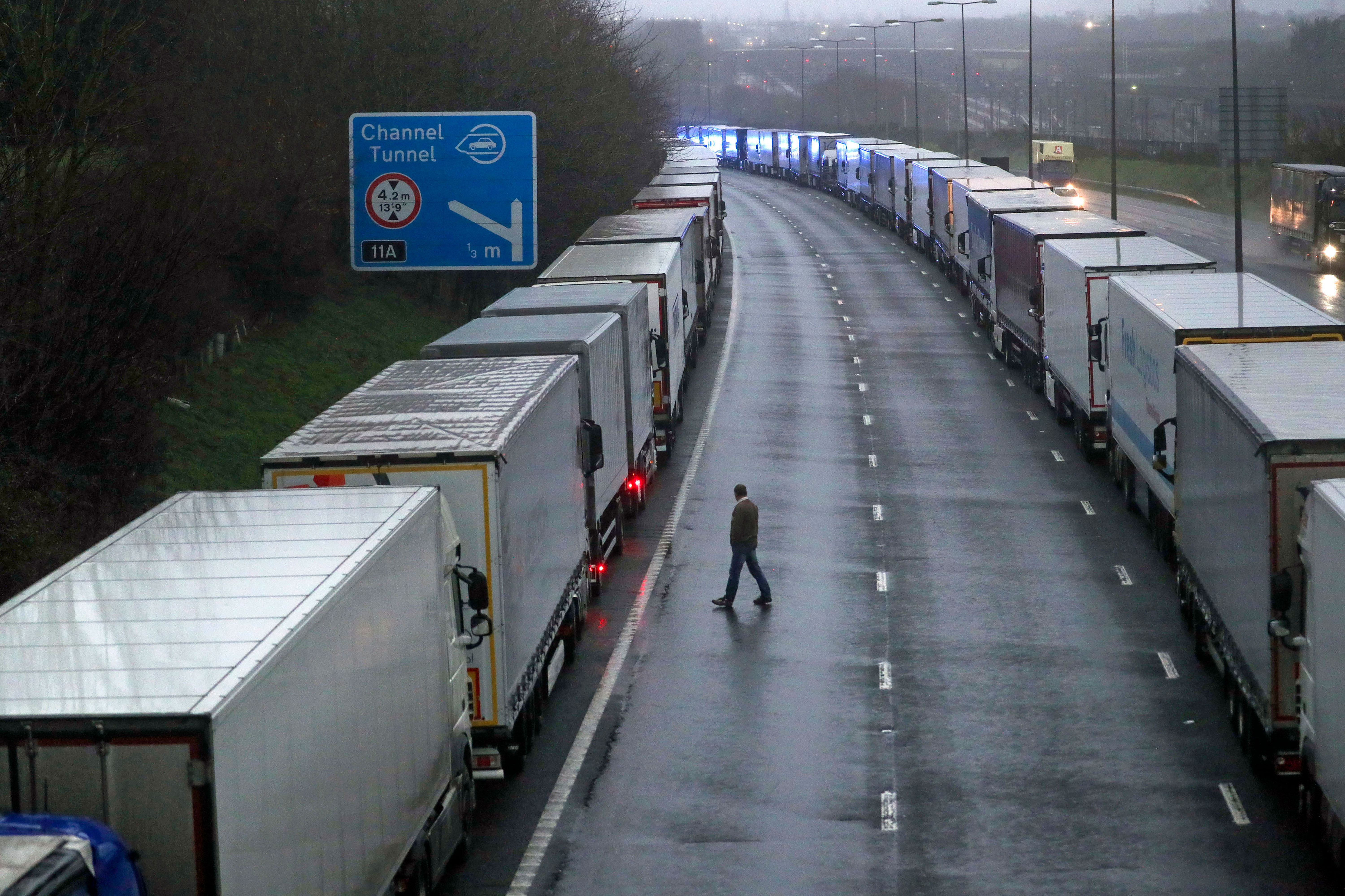 Lorries are parked on the M20 near Folkestone in Kent, England, on December 21, after the Port of Dover and Eurotunnel were closed.