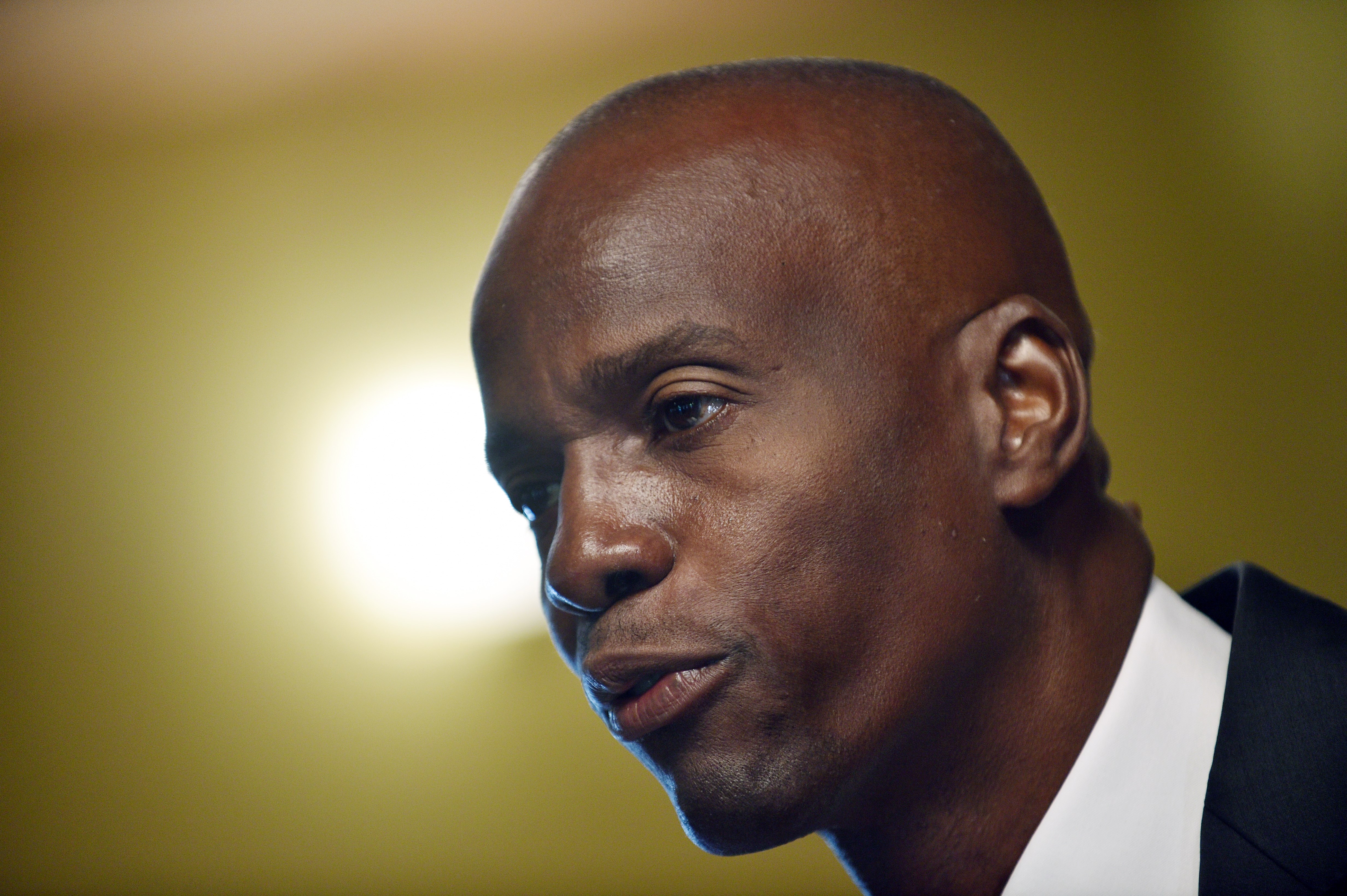In this October 22, 2015 file photo, Jovenel Moise speaks during a press conference in Port-au-Prince.
